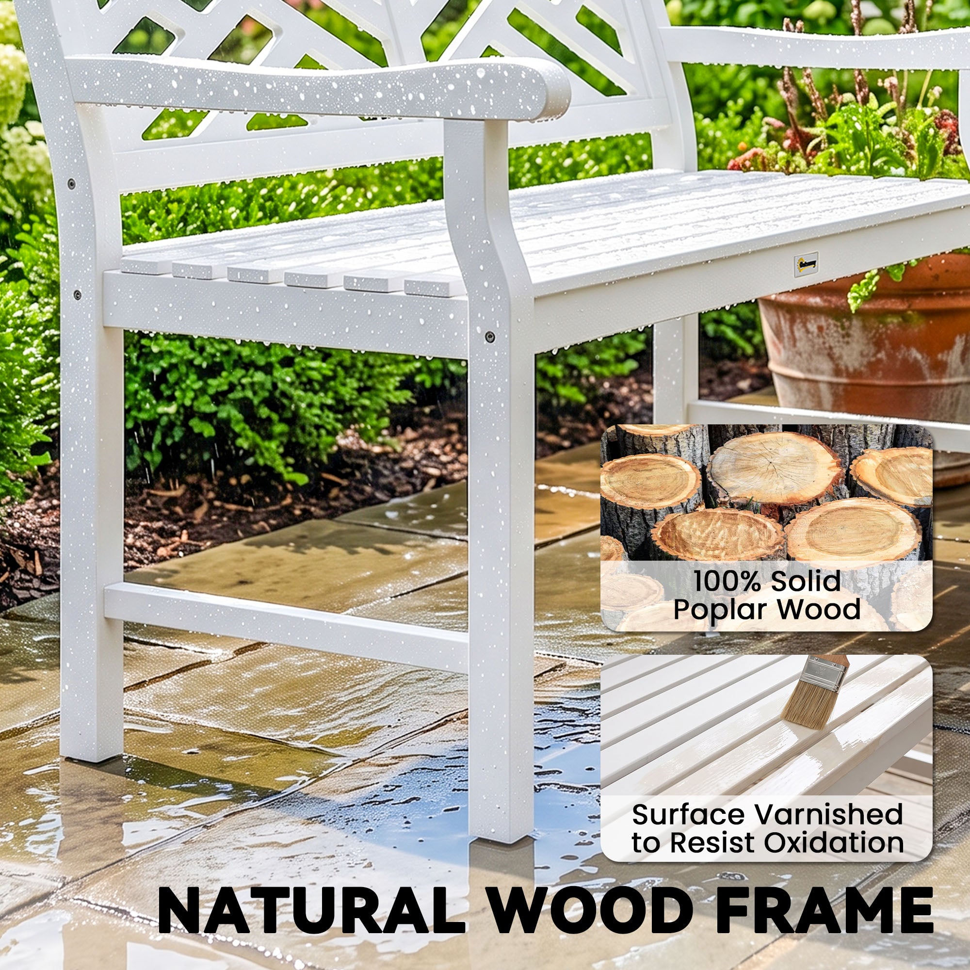 Outdoor Garden Bench, Wooden Frame Patio Bench with Geometric Pattern, 43.25 Inch Weatherproof 2-Person Love Seat for Garden, Lawn, Porch, Yard, Work Entryway, White