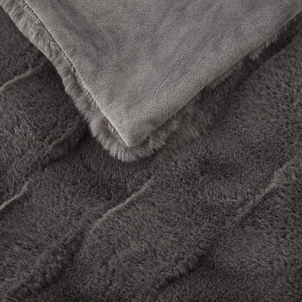 Luxurious Faux Fur Throw Blanket with Crystal Velvet Reverse, Basketweave Texture, Perfect for Any Decor, 60" L x 50" W x 0.25" H, Gray