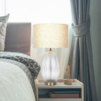 Aurora Ribbed Glass Table Lamp with Large Linen Shade, Elegant Design and Golden Base, 12" L x 12" W x 17" H, Beige+Clear