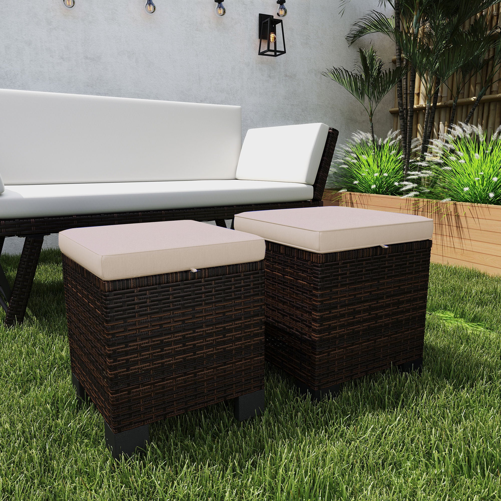2 Piece Wicker Outdoor Ottomans with Cushions, Rattan Ottoman Footrest and Side Table for Patio, Yard, Poolside, Cream