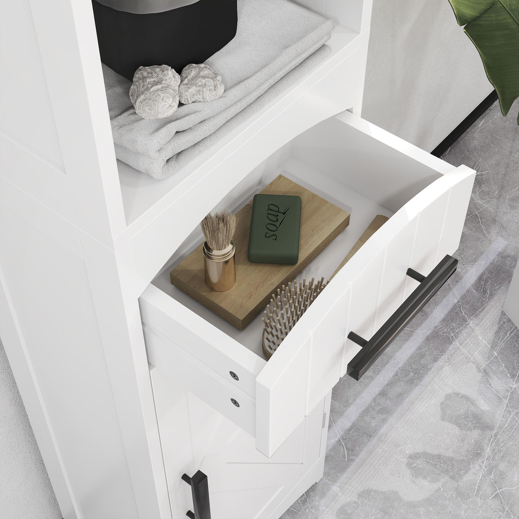 Farmhouse Tall Slim Bathroom Storage Cabinet with Recessed Drawer, Narrow Cabinet with Barn Door, White