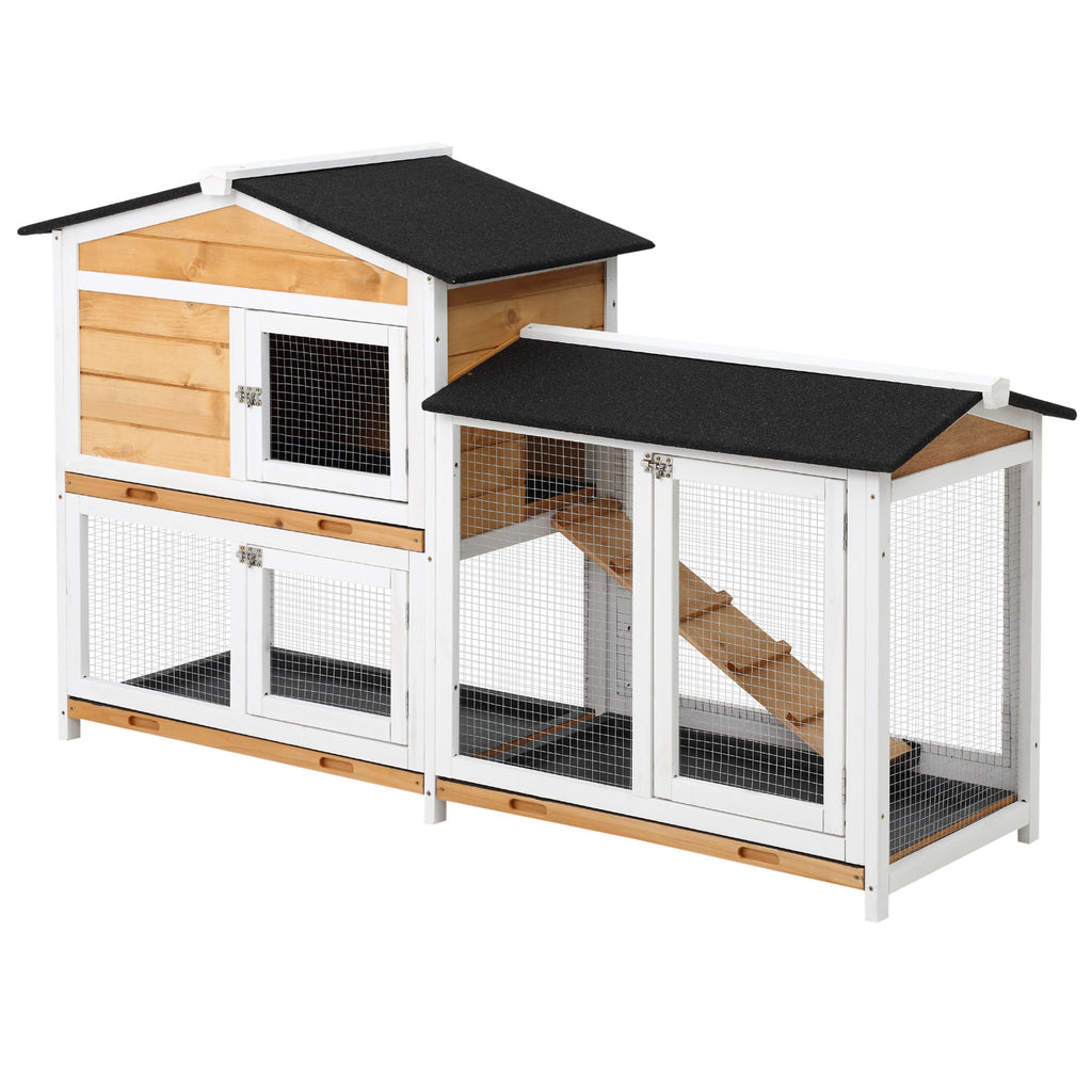 62" Rabbit Hutch, Wooden Bunny Hutch, Guinea Pig Cage, Small Animal Enclosure with Run Area, Removable Tray, Asphalt Roof, Lockable Doors and Ramp, for Rabbits, Chickens, Ducks, Nature Wood
