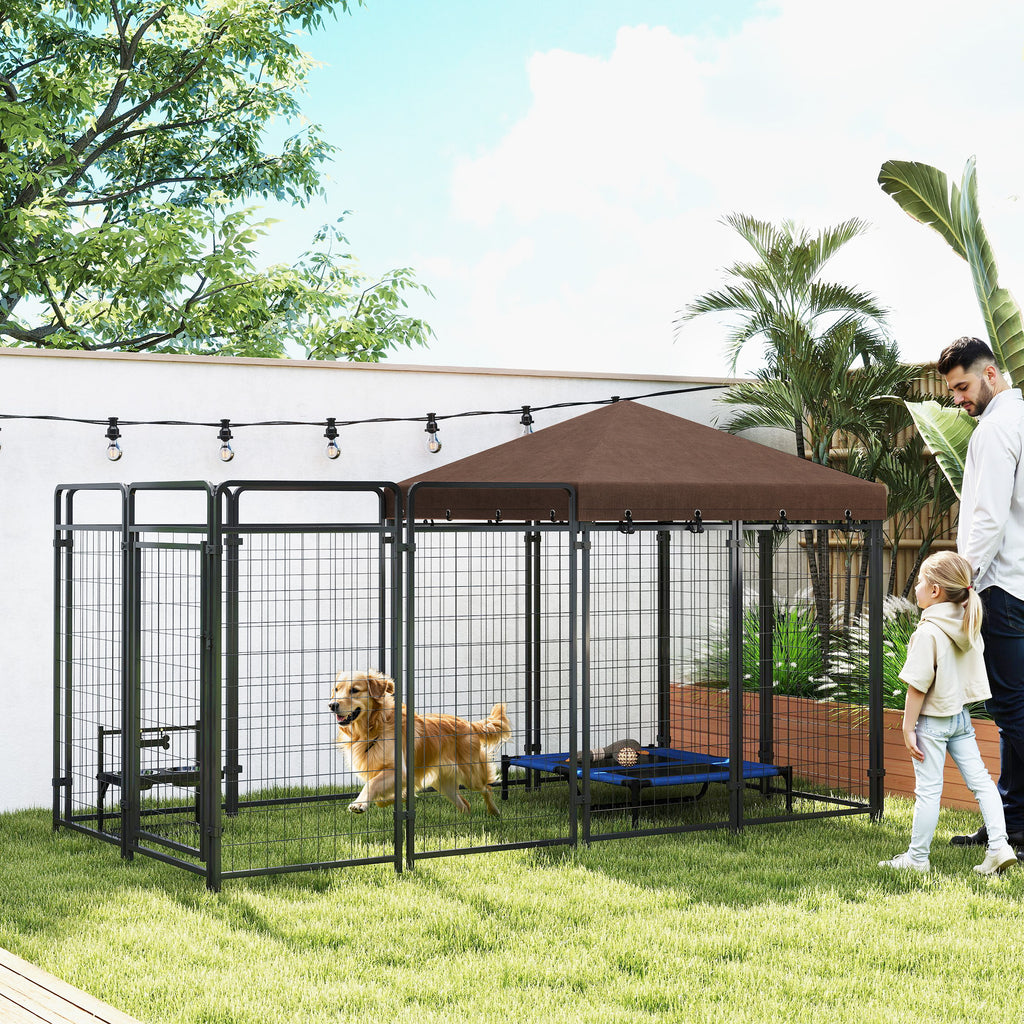 Dog Kennel Outdoor with Waterproof Canopy, Dog Run with Galvanized Chain Link, Secure Lock, for Backyard and Patio, Large and Medium Sized Breeds, Chickens, Ducks, 9.3' x 4.6' x 5.2'