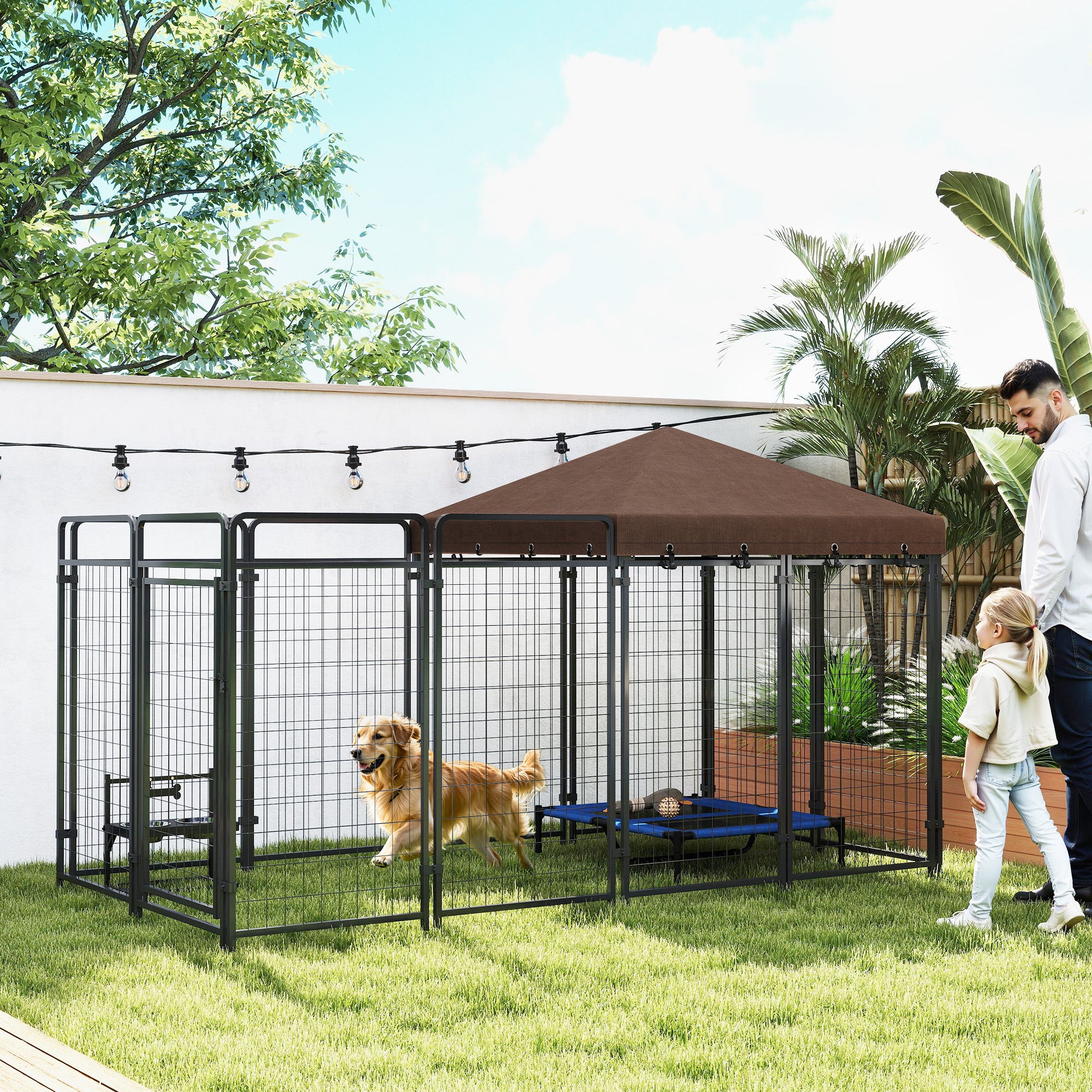 Dog Kennel Outdoor with Waterproof Canopy, Dog Run with Galvanized Chain Link, Secure Lock, for Backyard and Patio, Large and Medium Sized Breeds, Chickens, Ducks, 9.3' x 4.6' x 5.2'