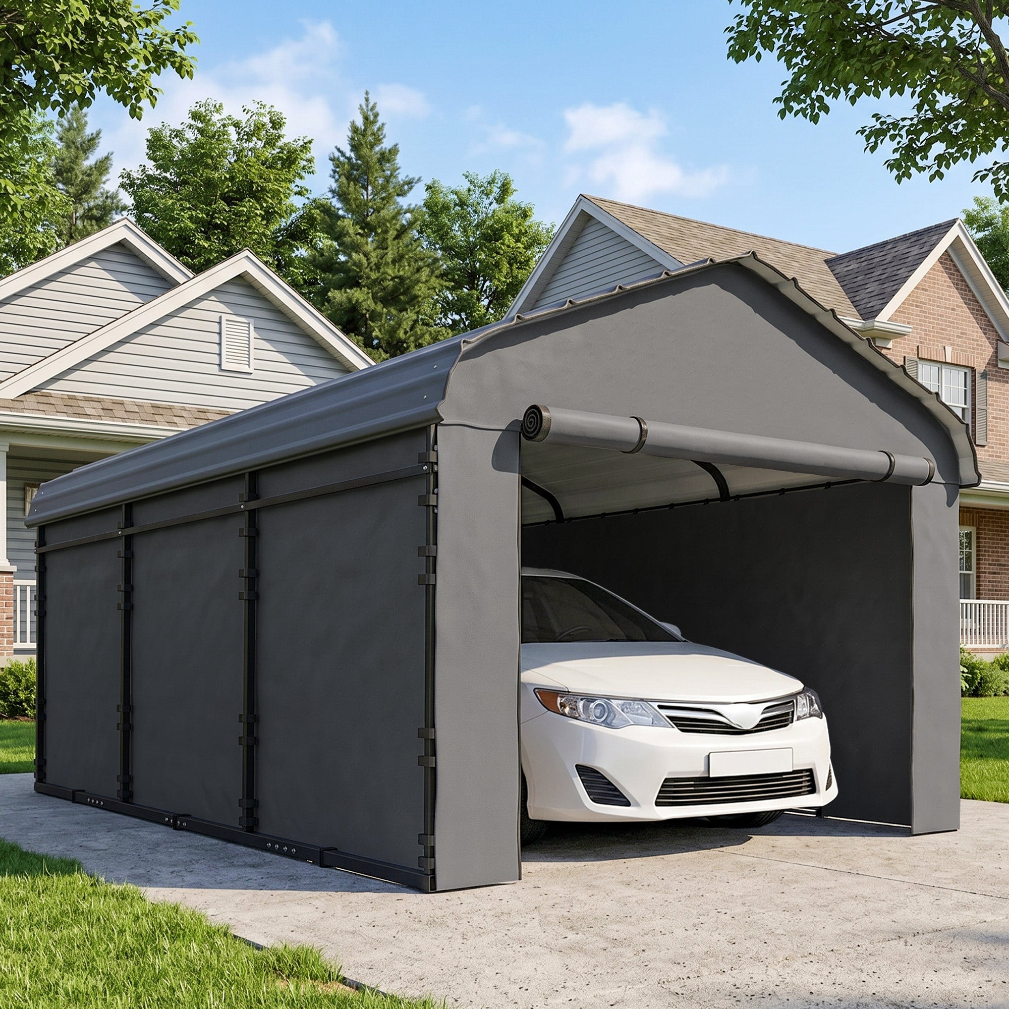 10' x 15' Metal Carport, Heavy Duty Garage Car Canopy with Galvanized Metal Roof and Removable Sidewalls, Dark Gray