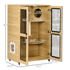 Luxury Cat House with Wheels, Kitty Cage Catio Villa for Indoor Cats with Scratching Posts, Condo, Flap Door, Cushion, Oak, 31.5" x 20" x 48.5"