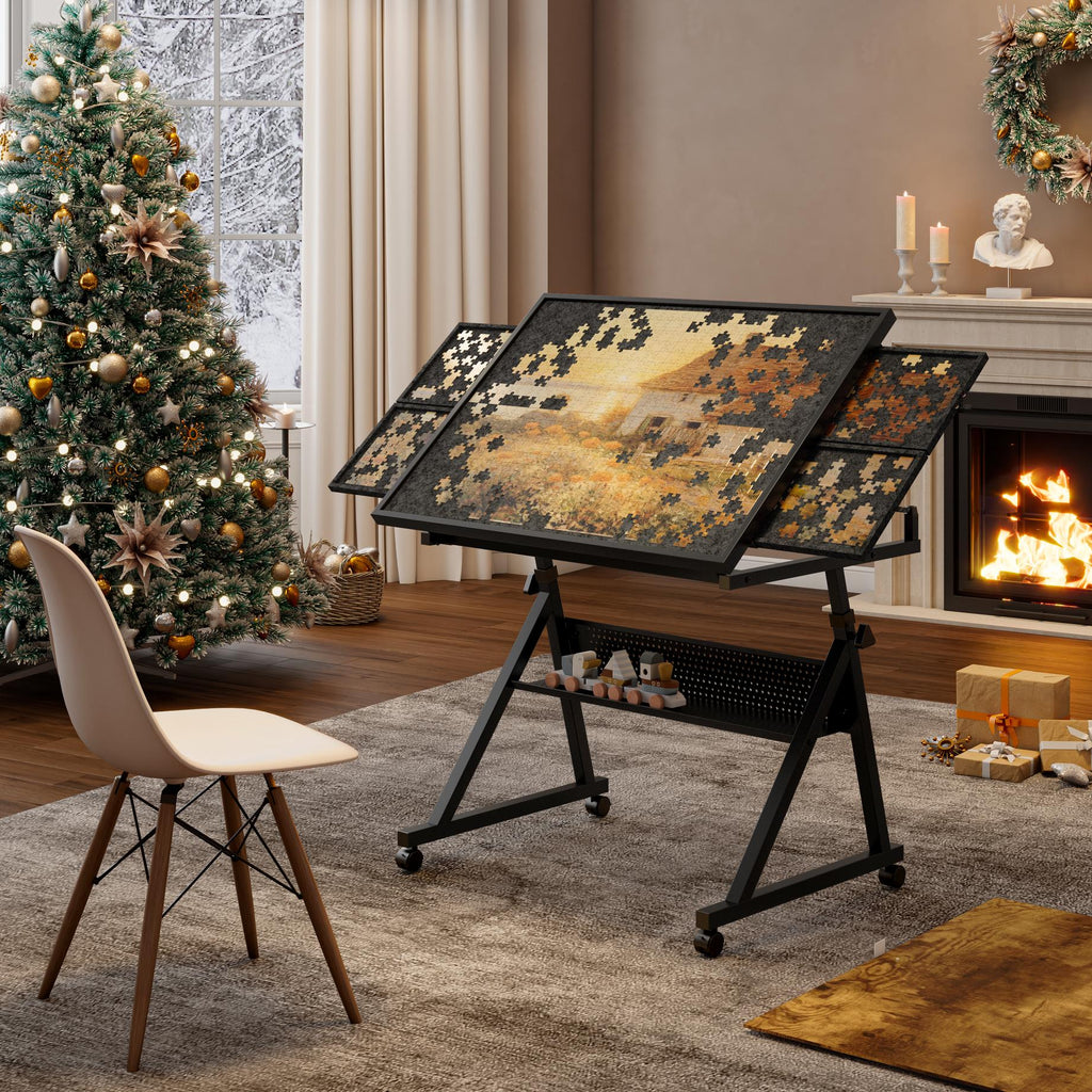 1500-Piece Jigsaw Puzzle Table with 4 Felt Storage Trays, Locking Casters, Drawing Desk with Wooden Cover, 35.5" L x 23.5" W x 29.5" H, Black