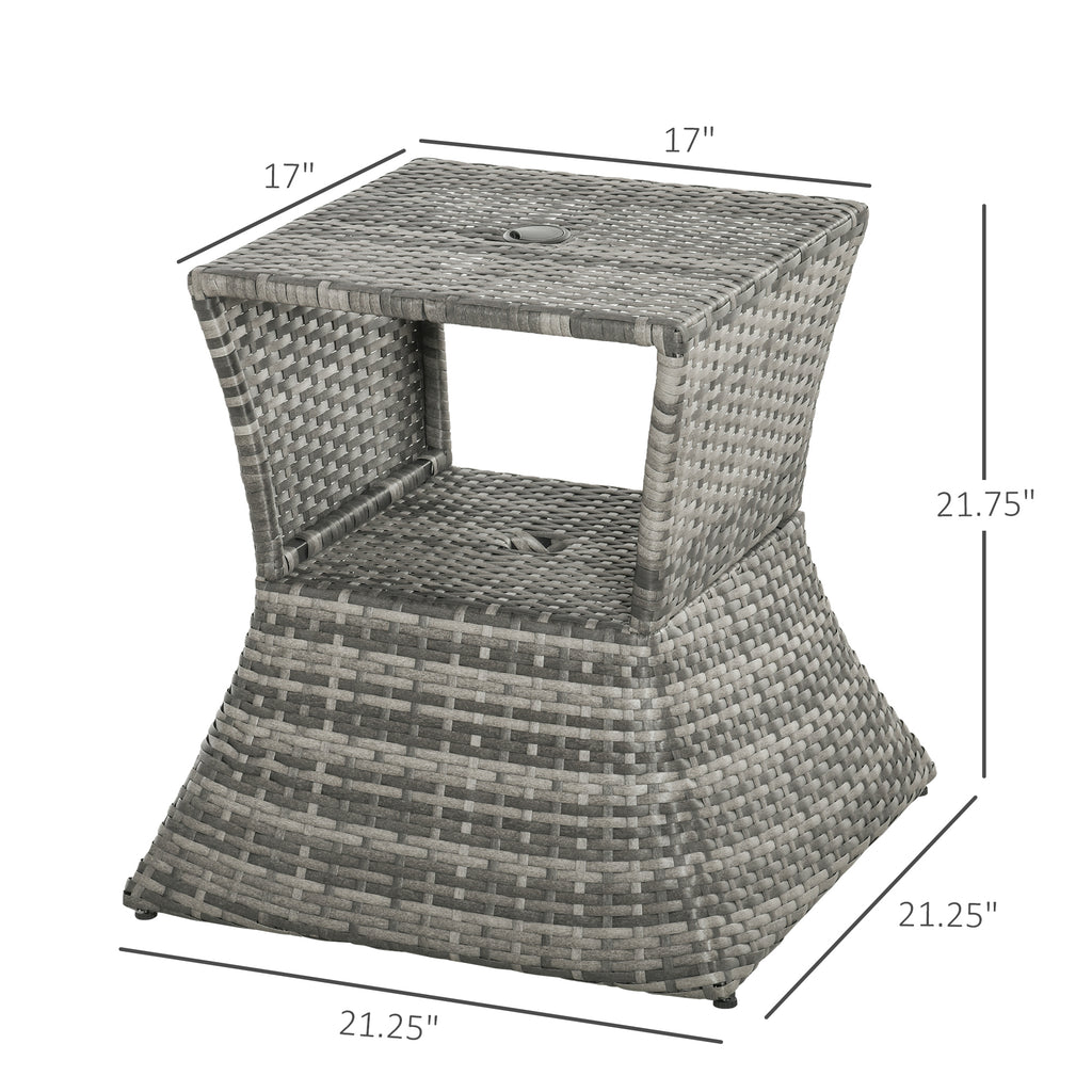 Outdoor Side Table with Umbrella Hole, 2 Tier Rattan Wicker End Table with Storage Shelf, All Weather for Patio, Garden, Backyard, Mixed Gray