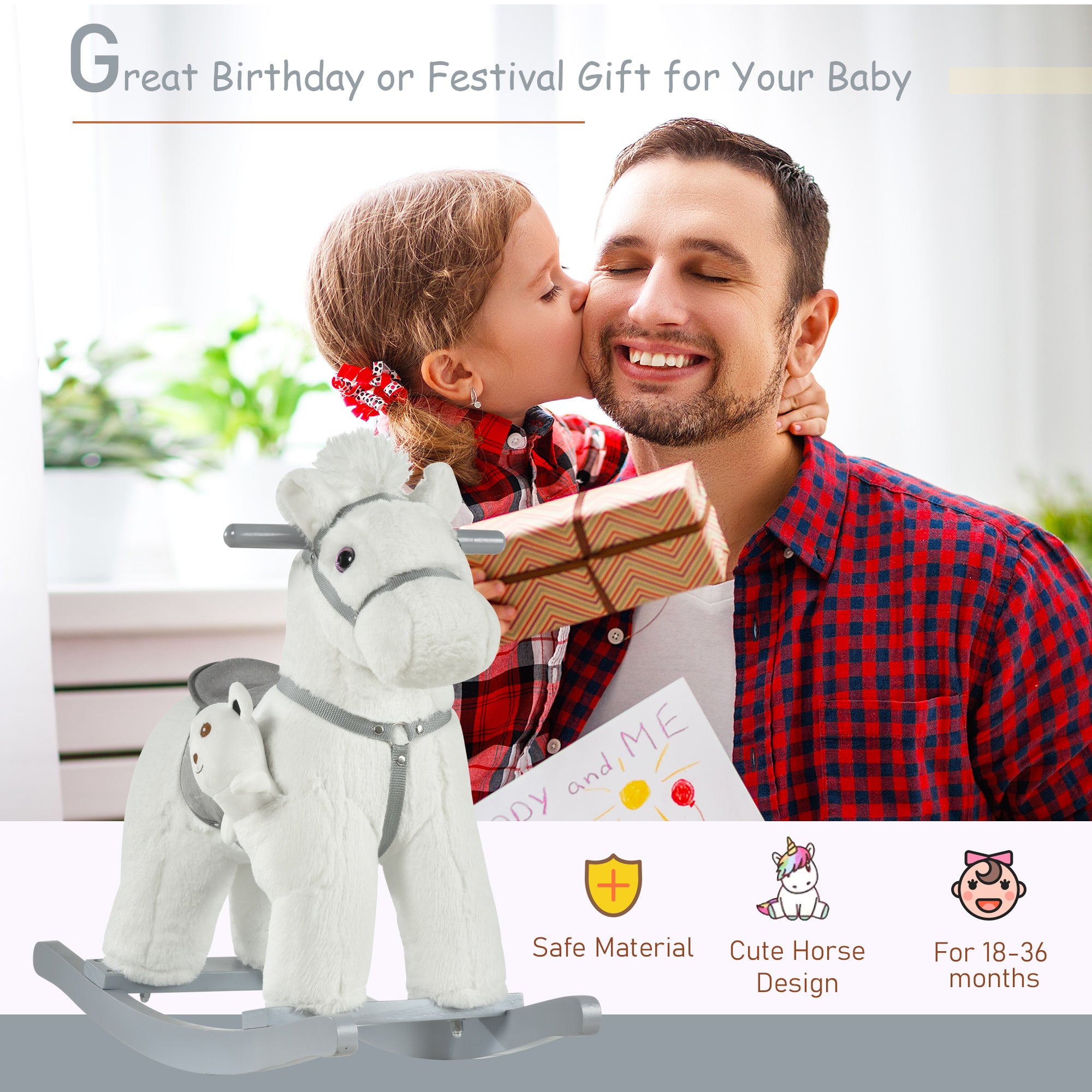 Kids Rocking Horse with Bear Toy, Plush Animal Rocker with Fun Realistic Sounds for Toddler 18-36 Months, White