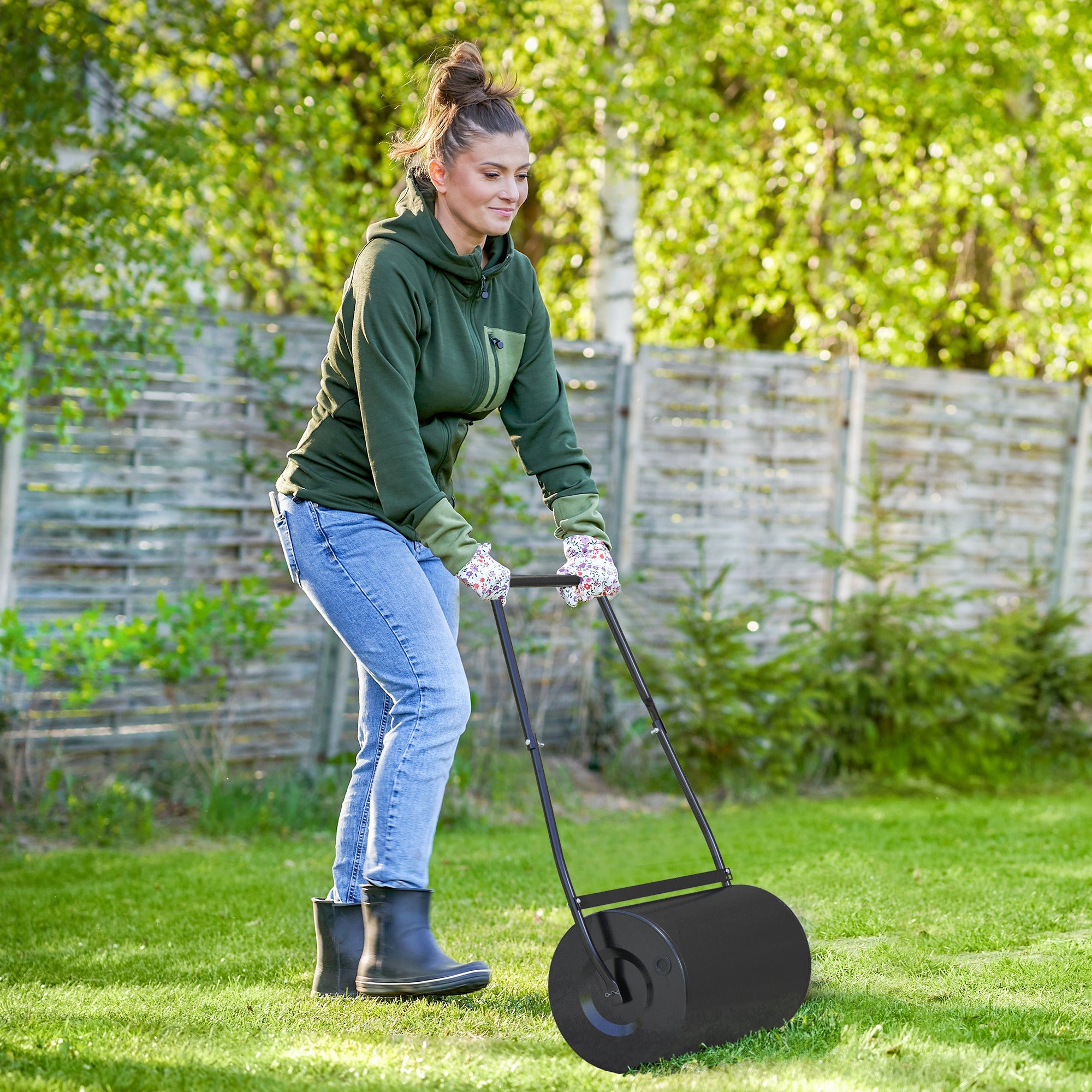 38L Heavy Duty Push/Tow Behind Lawn Roller, U-handle Garden Roller Filled with Water or Sand