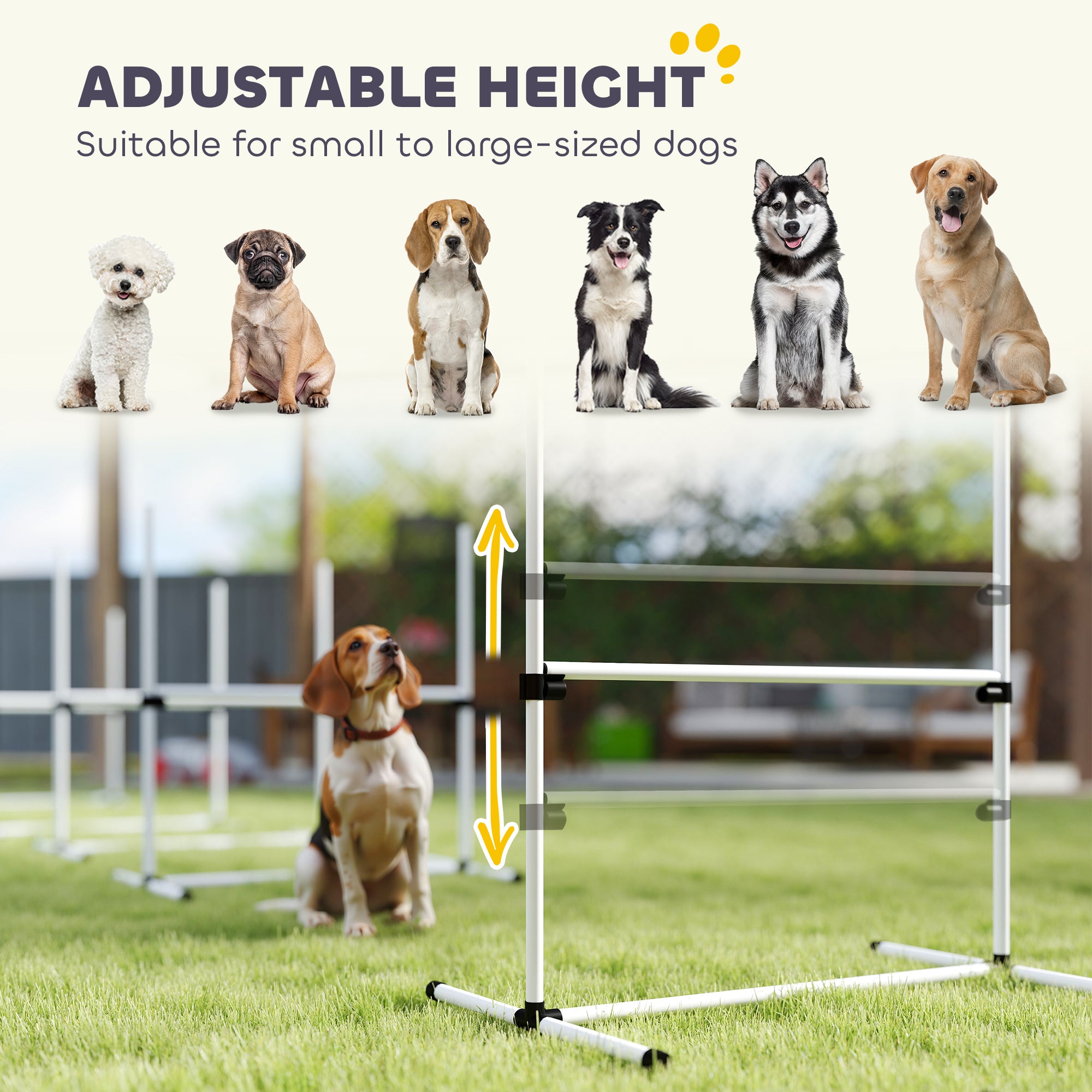 4 Piece Dog Agility Training Equipment for Dog Agility Course with Adjustable Height Jump Bars, Included Carry Bag, & Displacing Top Bar, White