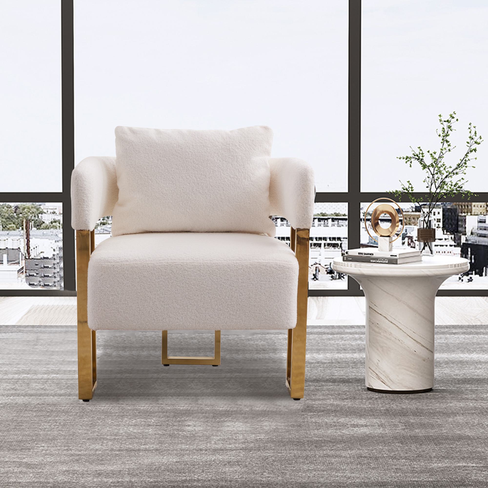 2-Set Living Room Teddy Fleece Upholstered Side Chair with Gold Metal Legs, Modern Decorative Chair, 26" L x 24.5" W x 27" H, White+Gold