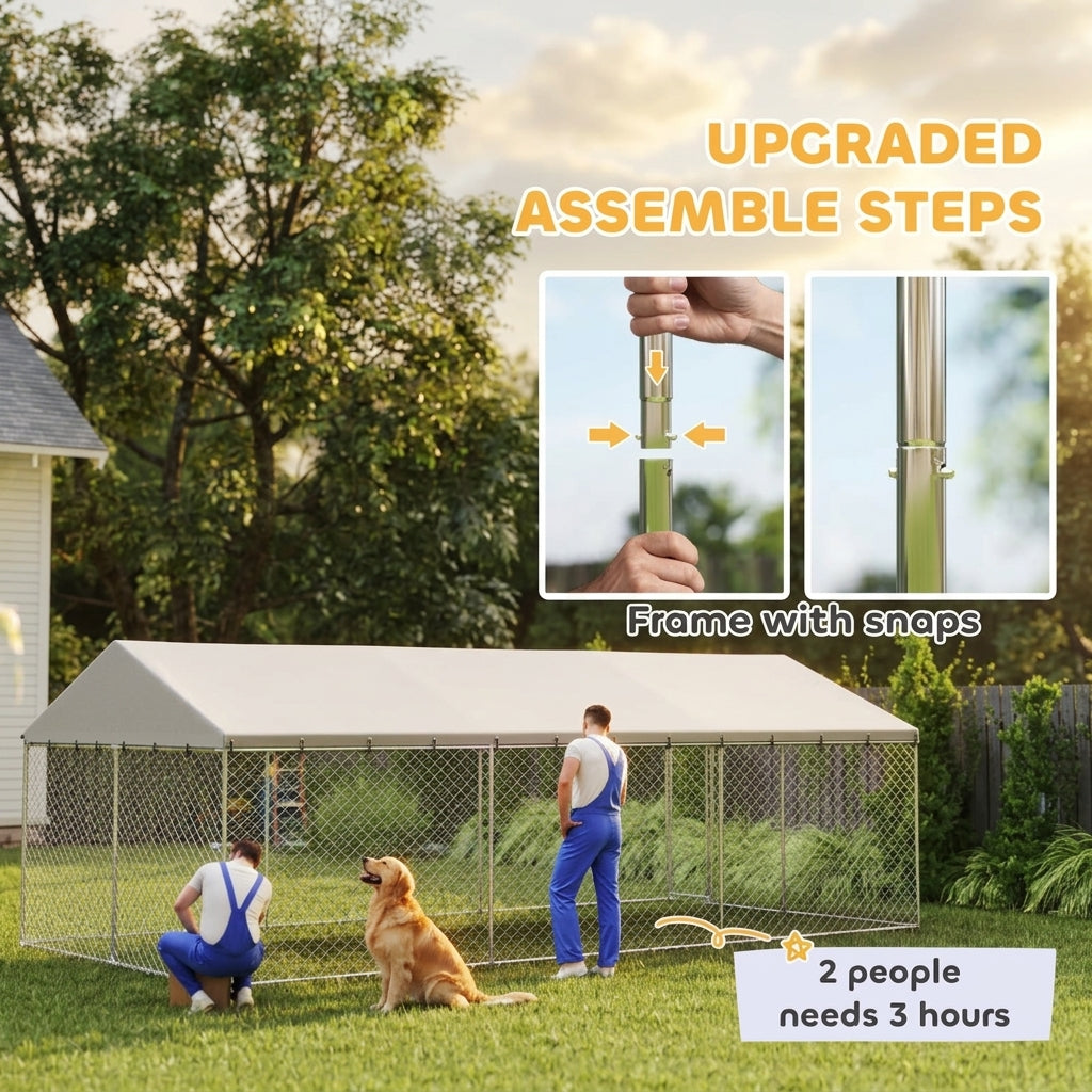 Heavy Duty Outdoor Dog Kennel with Waterproof Roof, 2 Secure Latches, Chain Link Dog Run for Backyard, 20' x 10' x 7'