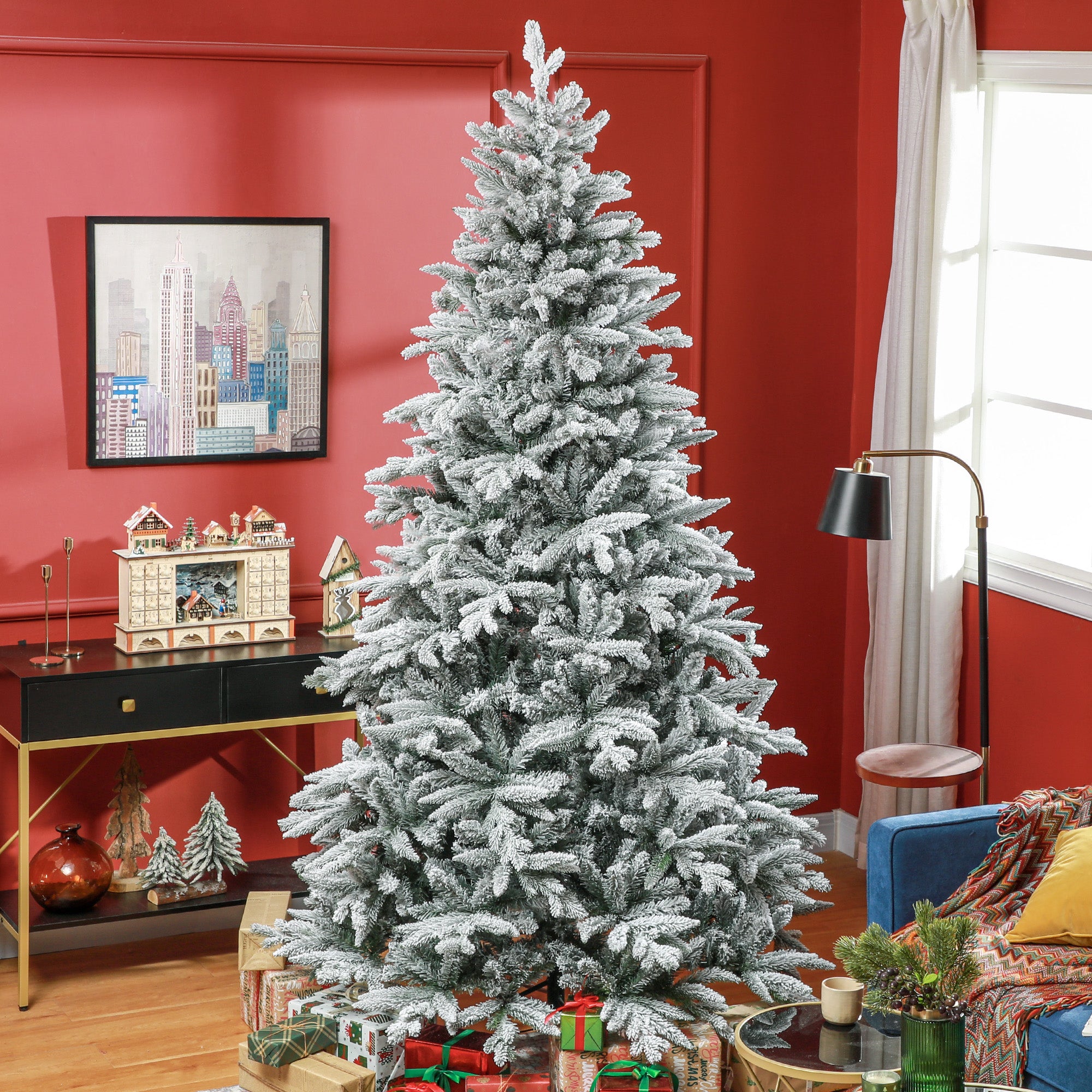 8ft Artificial Flocked Christmas Tree with Snow Tips, Easy Assembly, Hinged Xmas Tree for Home Office Holiday