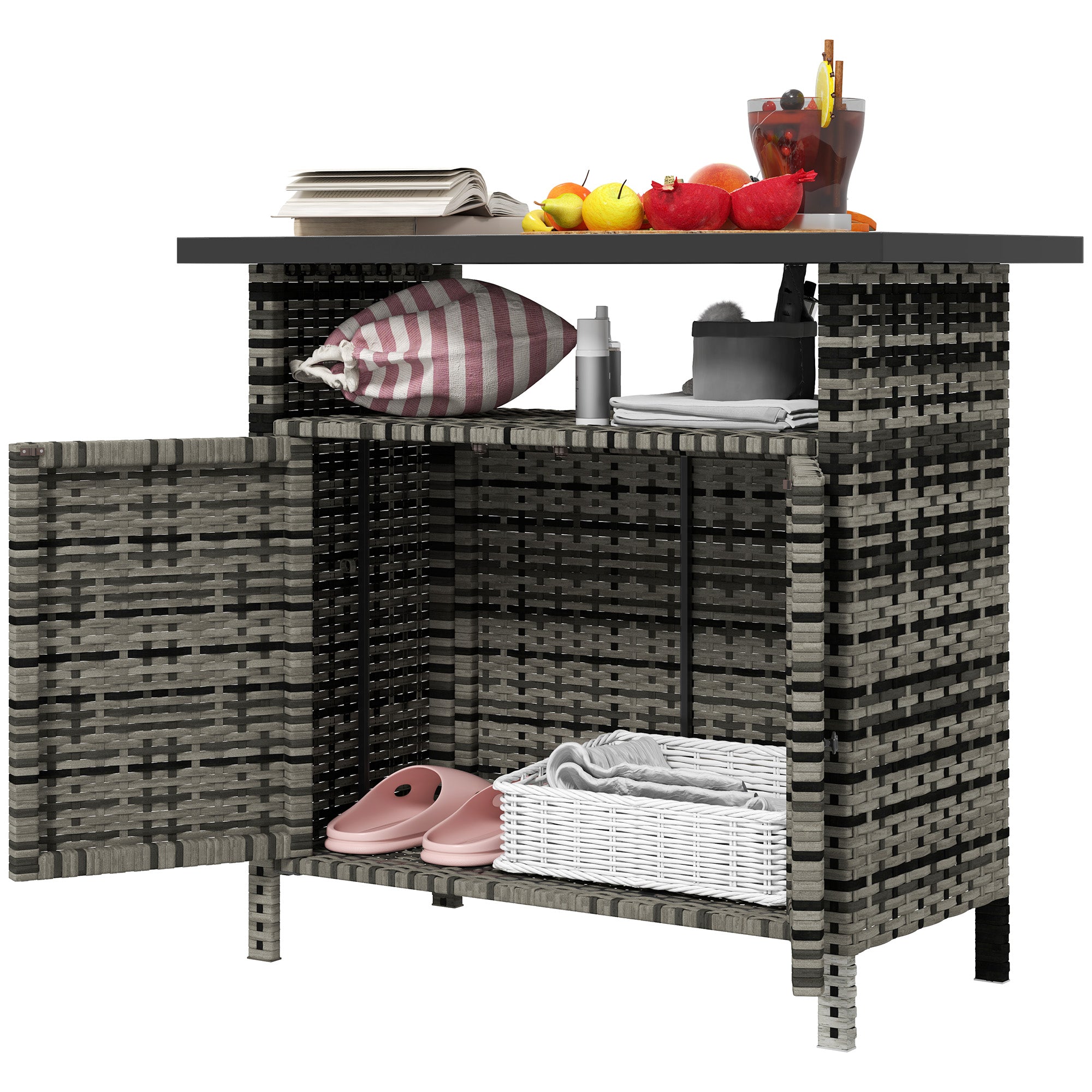 Wicker Outdoor Storage Cabinet with Two Doors and Shelf for Outdoor Pool Towel Storage, Mixed Gray