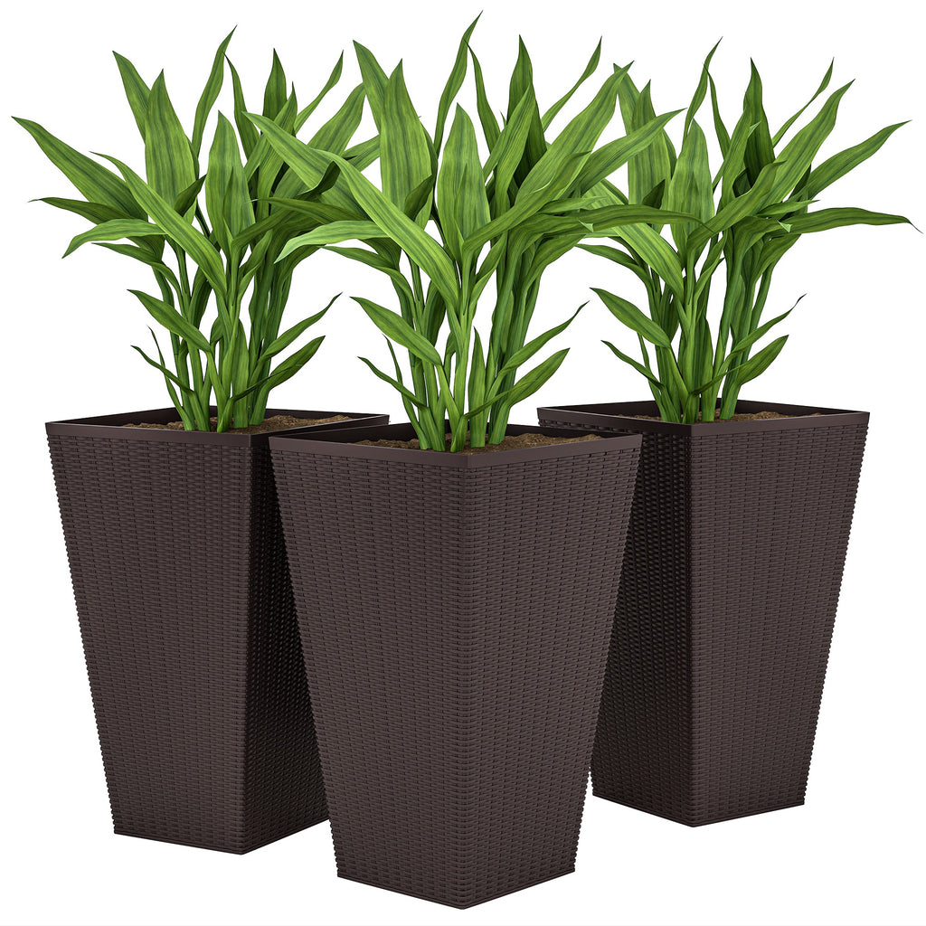 Set of 3 Tall Planters with Drainage Hole, 24" Outdoor Flower Plant Pots, Indoor Planters for Porch, Front Door, Entryway, Patio and Deck, Brown