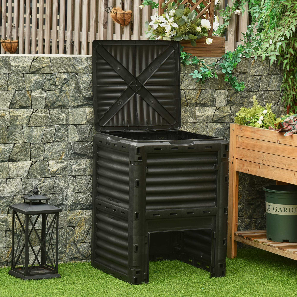 Garden Compost Bin 80 Gallon Outdoor Large Capacity Composter Fast Create Fertile Soil Aerating Box, Black
