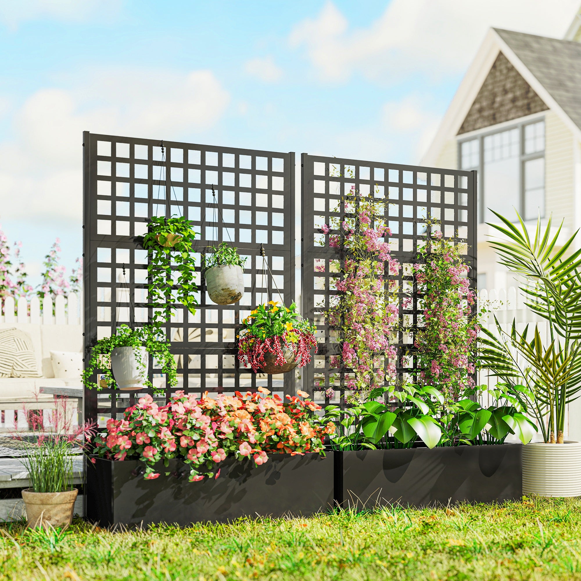 Galvanized Raised Garden Bed Planter Box with Trellis for Climbing Plants, Vegetable, Vines, 43" x 16" x 70", Black