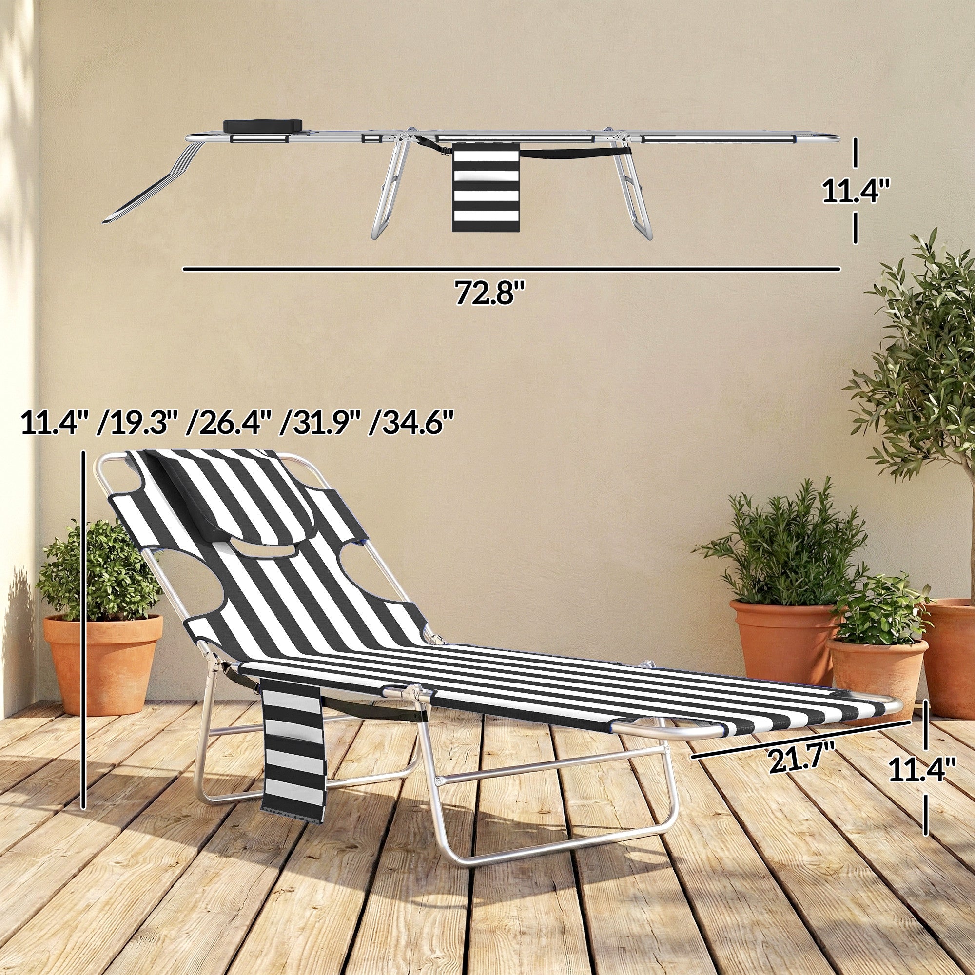 Tanning Chair with Face Hole, 5-Level Adjustable Outdoor Chaise Lounge Chair with Pillow for Beach, Pool, Black Stripe