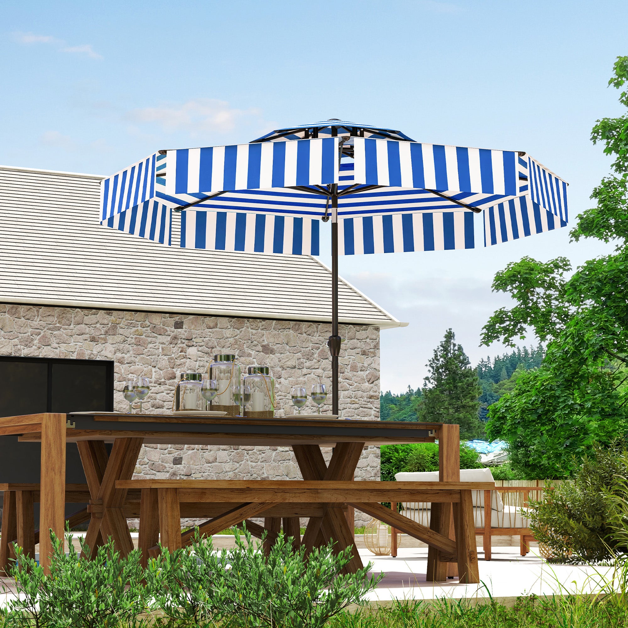 8.6FT Patio Umbrella, UPF 30+ Outdoor Market Umbrella, 2-Tier Vented Patio Table Umbrella with Crank 8 Ribs, Tiltable Porch Umbrella for Garden Deck Poolside, Navy Blue