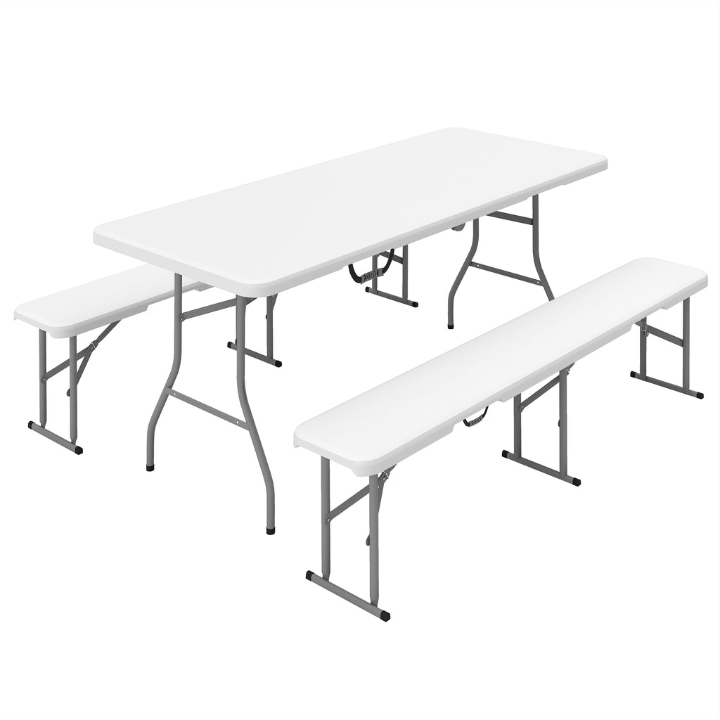 6FT 3 PCS Portable Camping Table and Chairs, Folding Picnic Table Bench Set with Carrying Handles for BBQ, Party, White