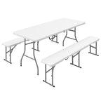 6FT 3 PCS Portable Camping Table and Chairs, Folding Picnic Table Bench Set with Carrying Handles for BBQ, Party, White