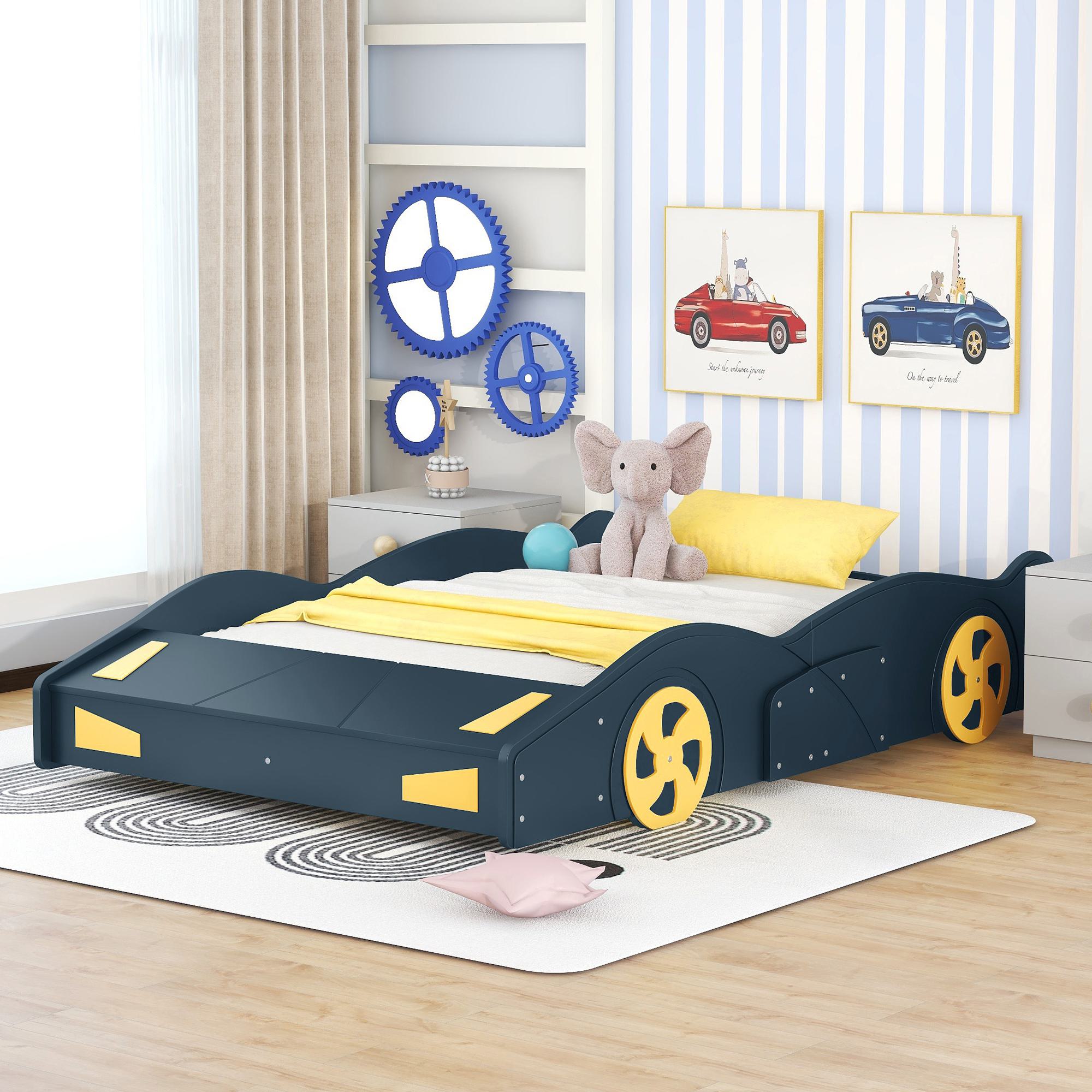 Full Size Race Car-Shaped Platform Bed with Wheels and Storage, Solid Wood and MDF, 90.5" L x 55" W x 15.5" H, Dark Blue