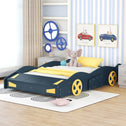 Full Size Race Car-Shaped Platform Bed with Wheels and Storage, Solid Wood and MDF, 90.5" L x 55" W x 15.5" H, Dark Blue