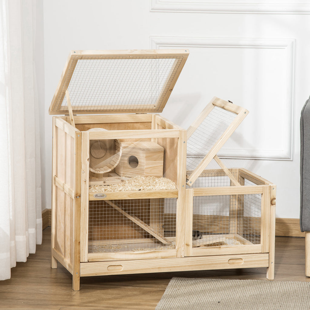 2-Tier Wooden Hamster Cage, Small Animals Hutch, w/ Seesaw, Tray