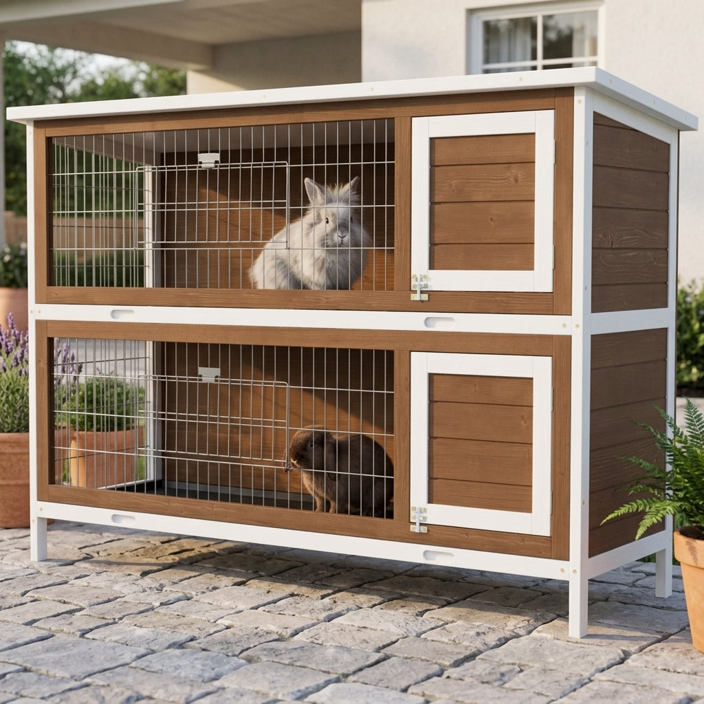 Wooden Rabbit Hutch w/ Dividers Asphalt Roof for Small Animals & Outdoors, Brown