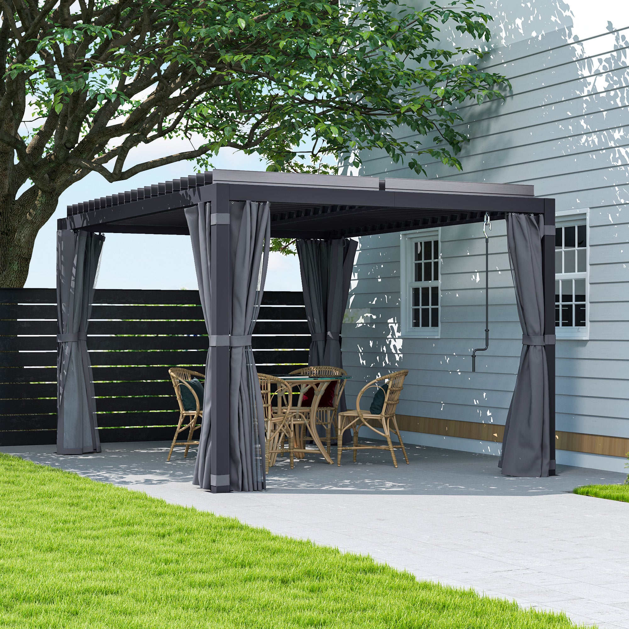 10' x 13' Outdoor Retractable Pergola w/ Sun Shade Louvered Top, Pergola w/ Canopy, Curtains, Netting, Dark Gray