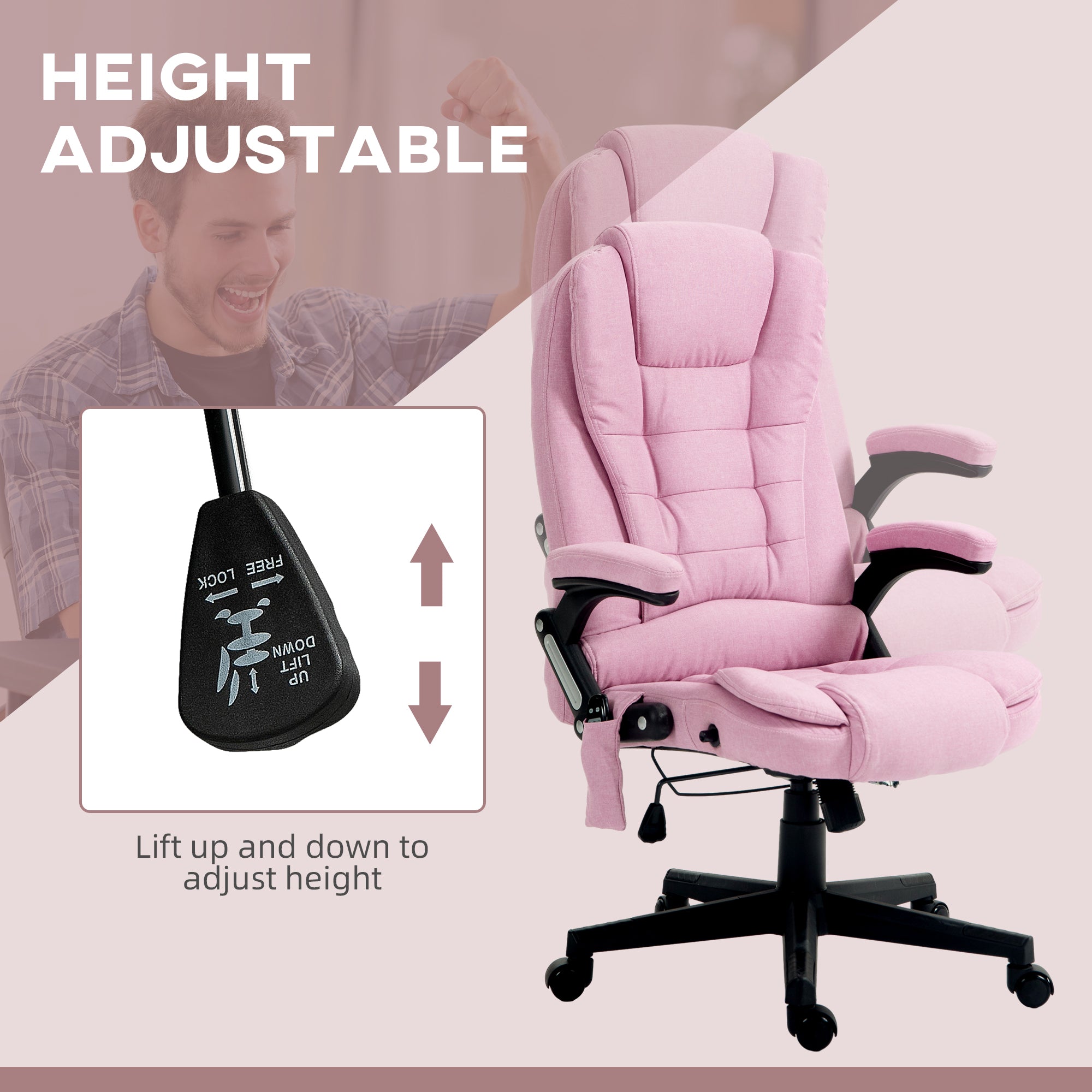 6 Point Vibrating Massage Office Chair with Heat, Linen High Back Massage Desk Chair with Reclining Backrest, Pink