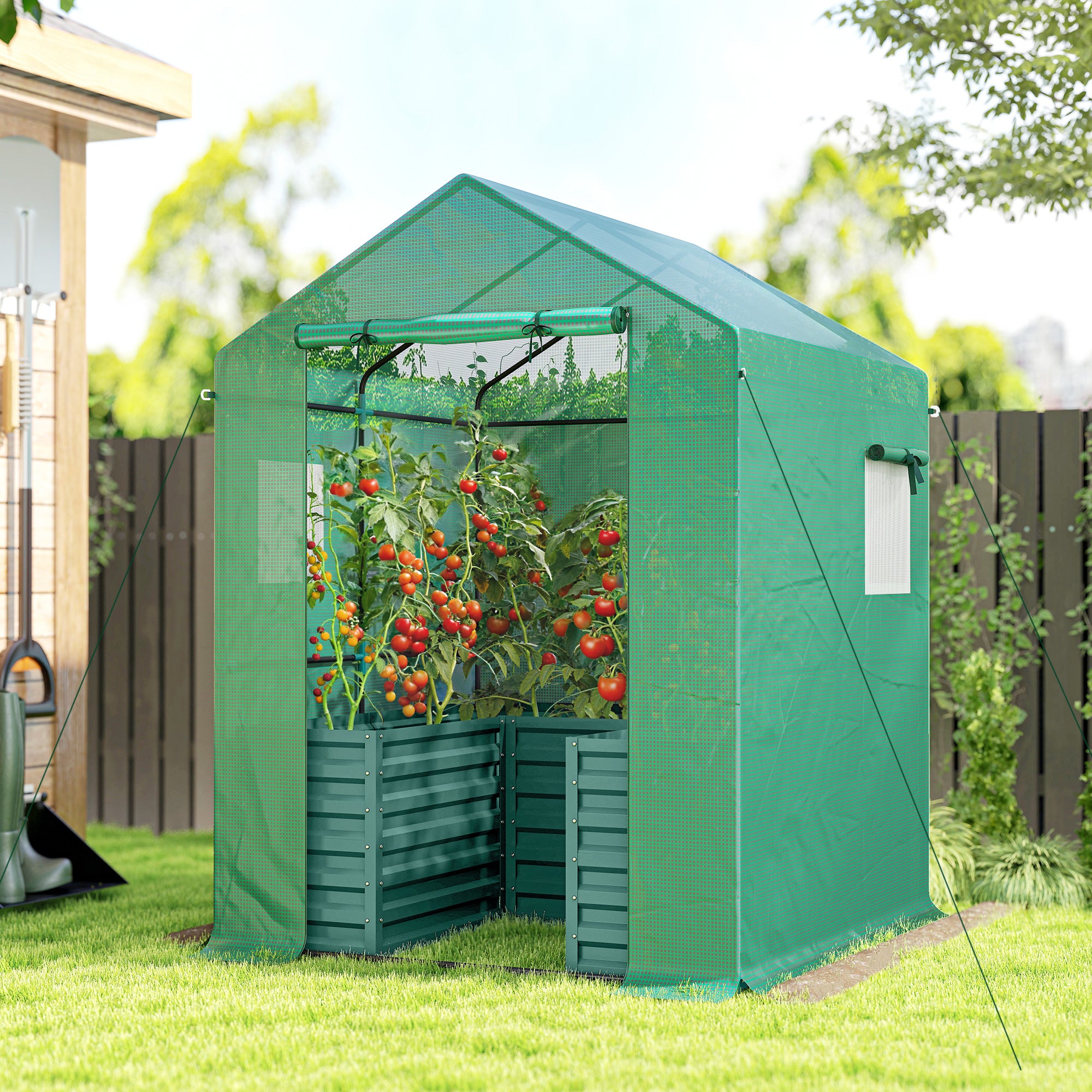Greenhouse with Raised Garden Bed, Galvanized Steel Outdoor Greenhouse with Roll Up Door, 56" x 56" x 75", Green