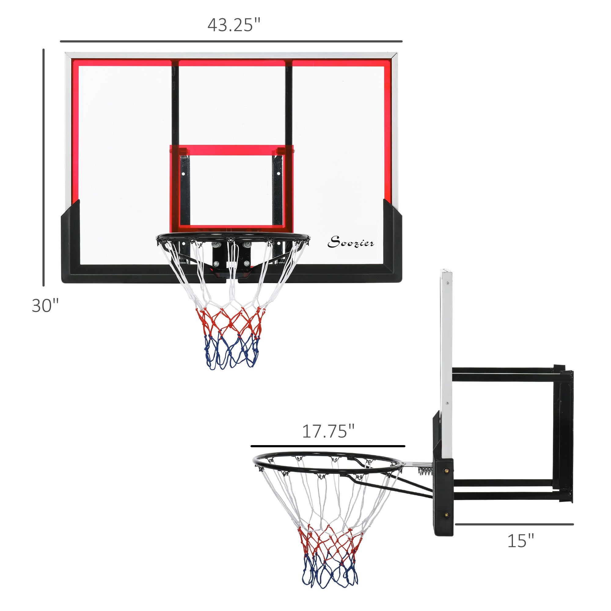 Wall Mounted Basketball Hoop, Basketball Goal Combo Kit with 43" x 30" Shatter Proof Backboard, Durable Bracket and All Weather Net for Outdoor Use