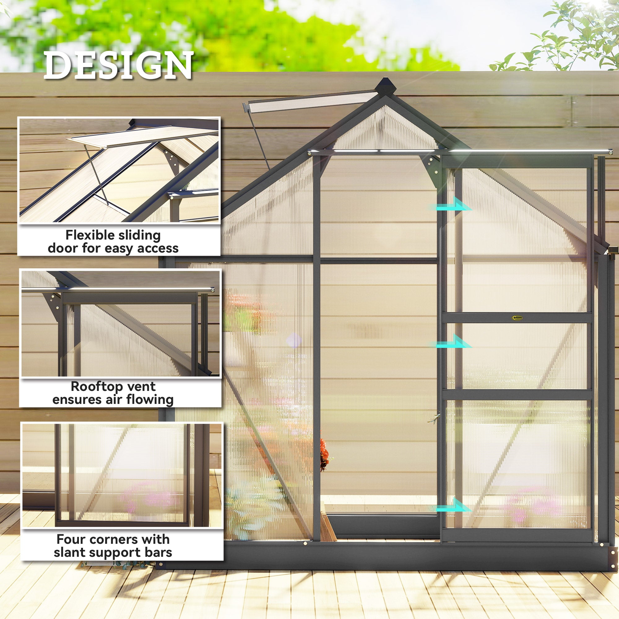 Polycarbonate Greenhouse, Heavy Duty Outdoor Aluminum Walk-in Green House Kit Vent Door, 6.2'x4.3'x6.6' Gray