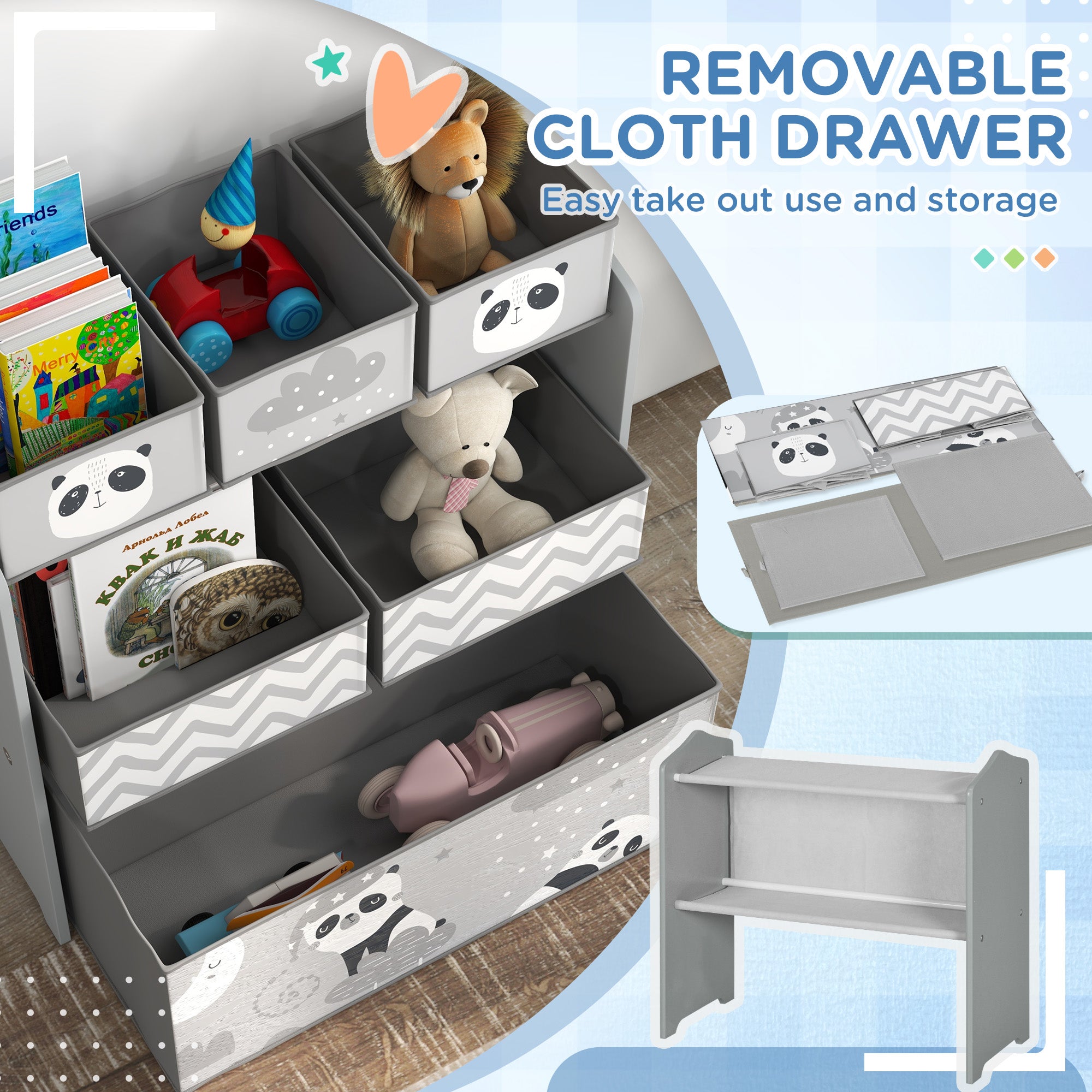Toy Organizer with 6 Storage Bins, 25" x 12" x 26", Gray