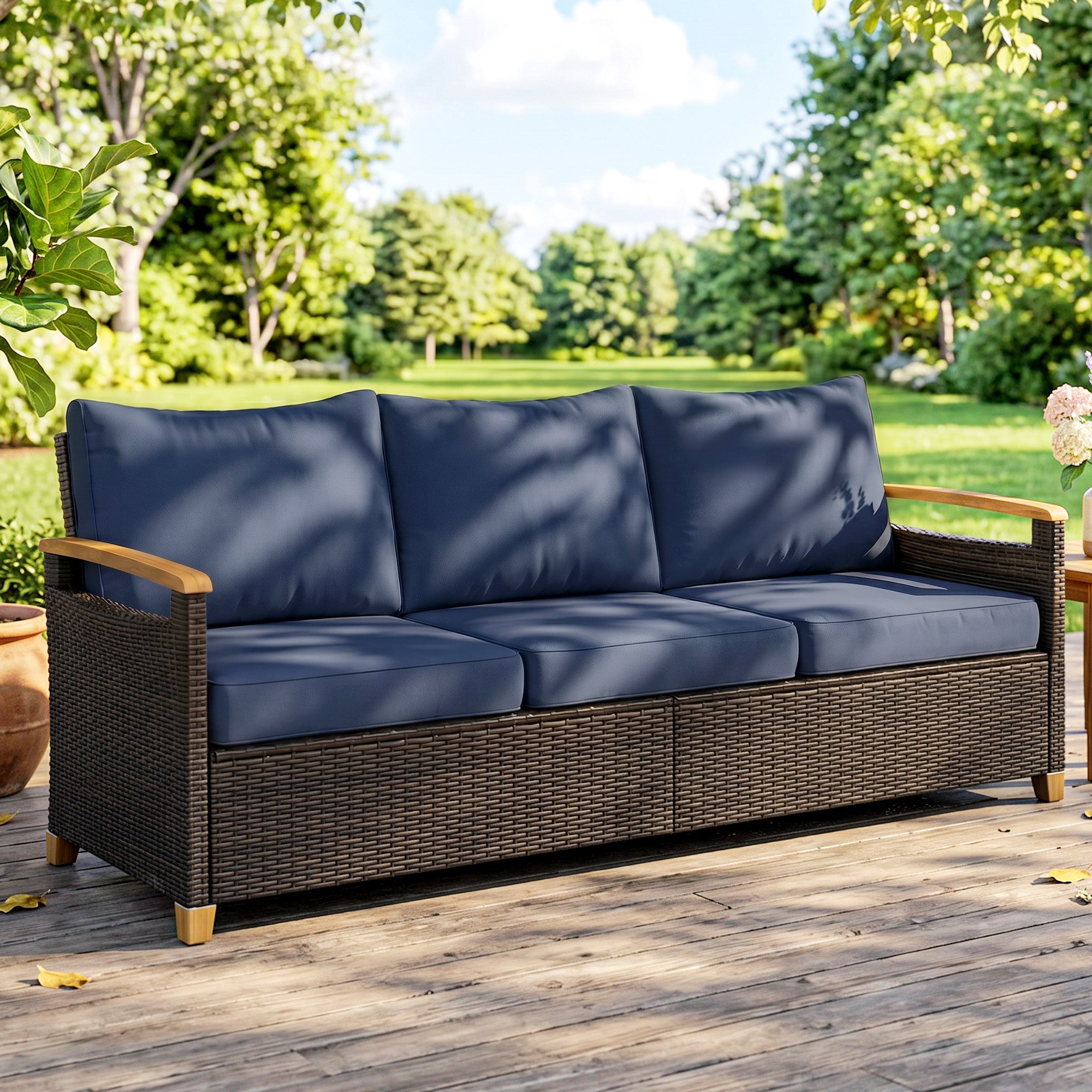 3 Seater Outdoor Couch Sofa, PE Wicker Patio Sofa, Wide Deep Seat, 4" Cushions, Wood-Effect Armrests Legs, Dark Blue