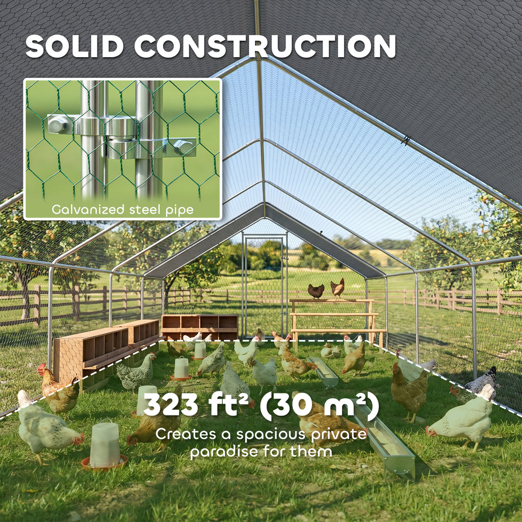Large Chicken Coop with Waterproof and Anti-UV Cover, Spire Shaped for Outdoor and Yard Farm Use, 33' x 10' x 6.4'