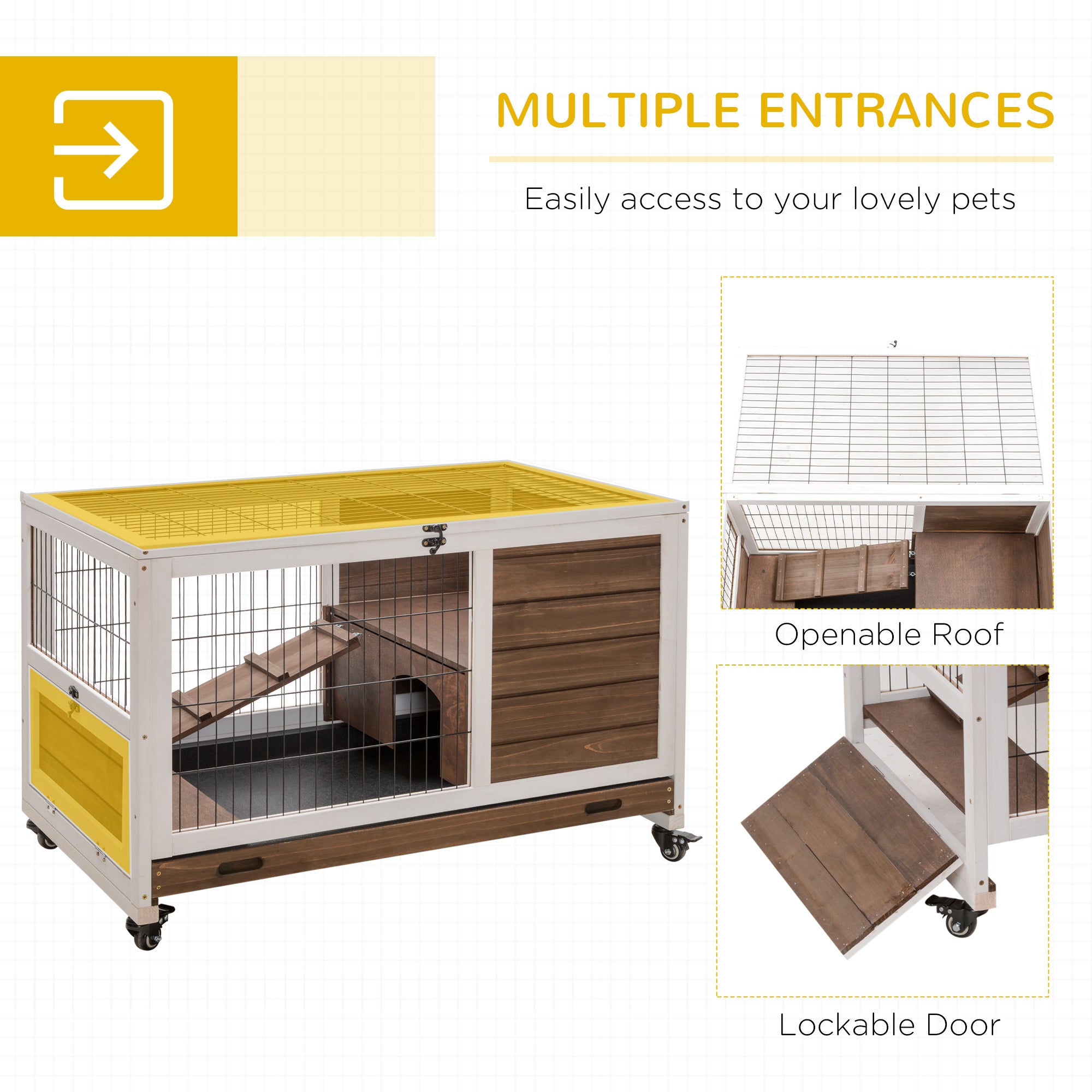 Indoor Rabbit Enclosure, on Wheels, Indoor Bunny Cage Small Animal House with Pull Out Tray Casters Ramp, 35.5" x 21" x 23", Brown