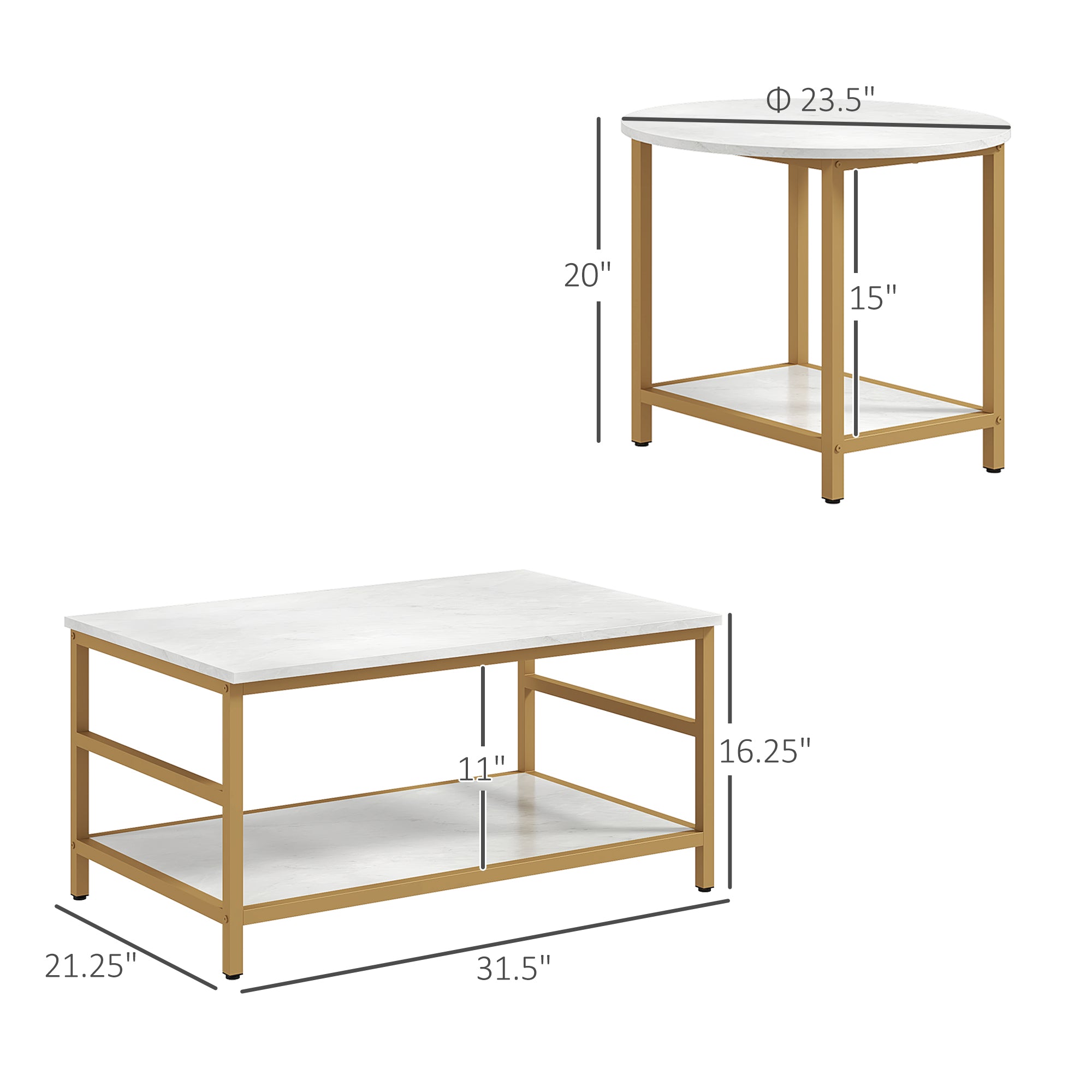 Coffee Tables Set of 2, Rectangle and Round Coffee Table with Storage Shelves, Faux Marble Top, Living Room Table Set