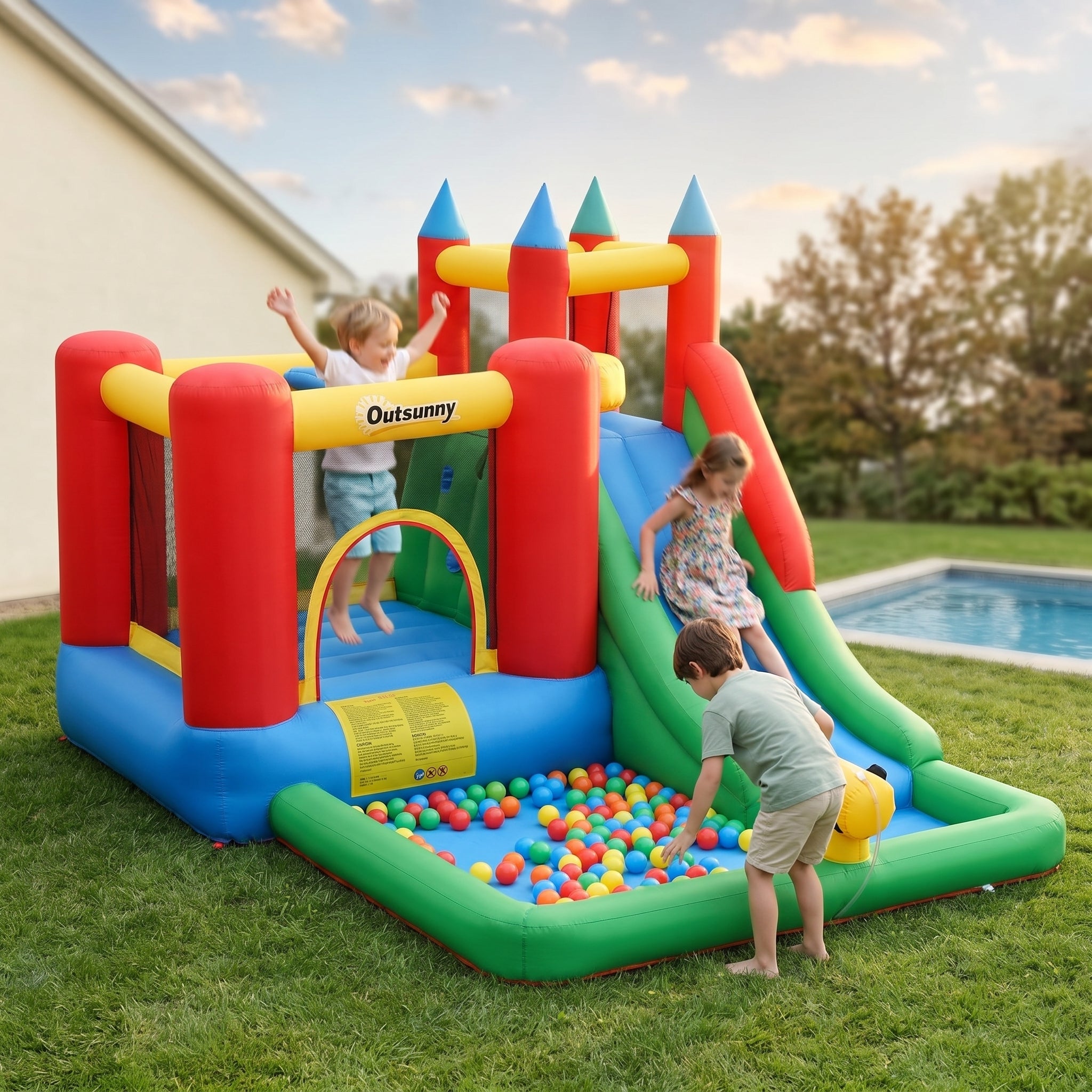 Kids Bounce House Inflatable Slide with Splash Pool, Water Cannon, Climbing Wall, Inflator Included, 6 in1 Bouncy Castle Kids Backyard Activity Outdoor Water Play Toy