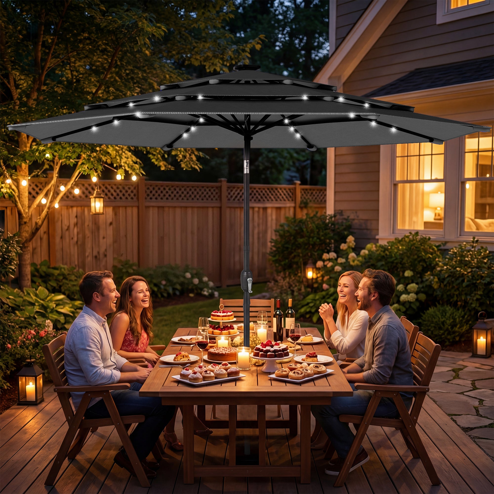 9.7 ft Outdoor Patio Umbrella with Solar LED Lights, 3 Tier Outdoor Table Umbrella with Tilt, Crank, Black