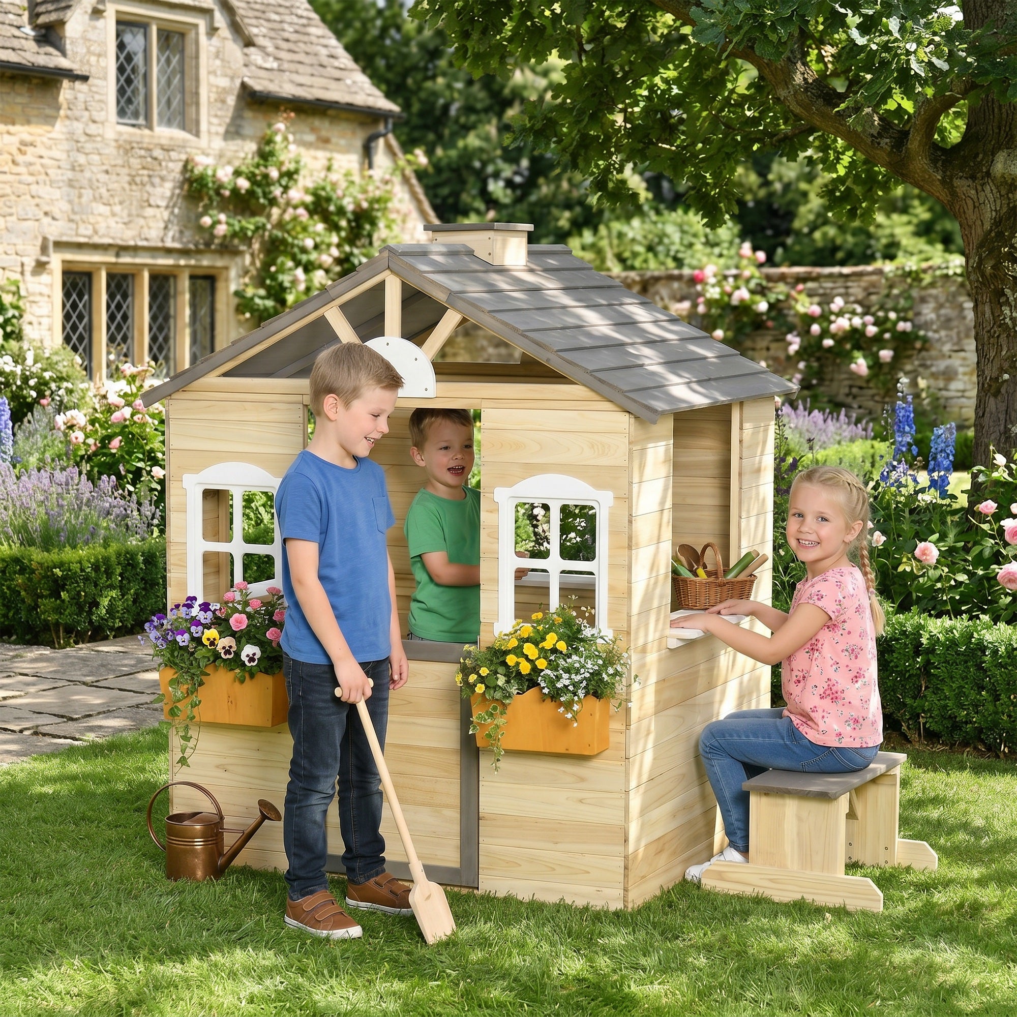Outdoor Playhouse, Wooden Kids Playhouse with Working Door, Windows, Bench, Service Station, Flower Pot Holder, Cottage Play House for 3-7 Years Old Pretend Play, Natural