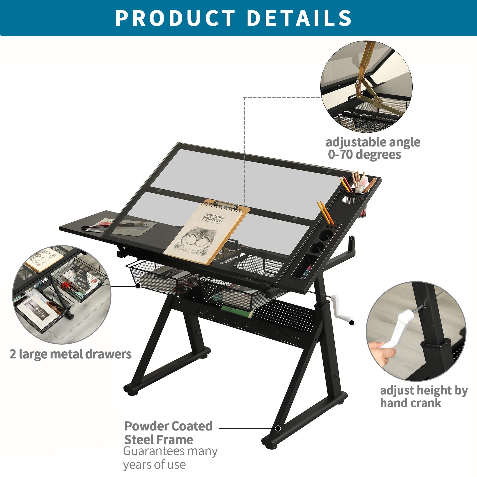 Hand-Crank Adjustable Drafting Table with 2 Large Metal Drawers, Drawing Desk with Tempered Glass Top, 40" L x 23.5" W x 29.5" H, Black