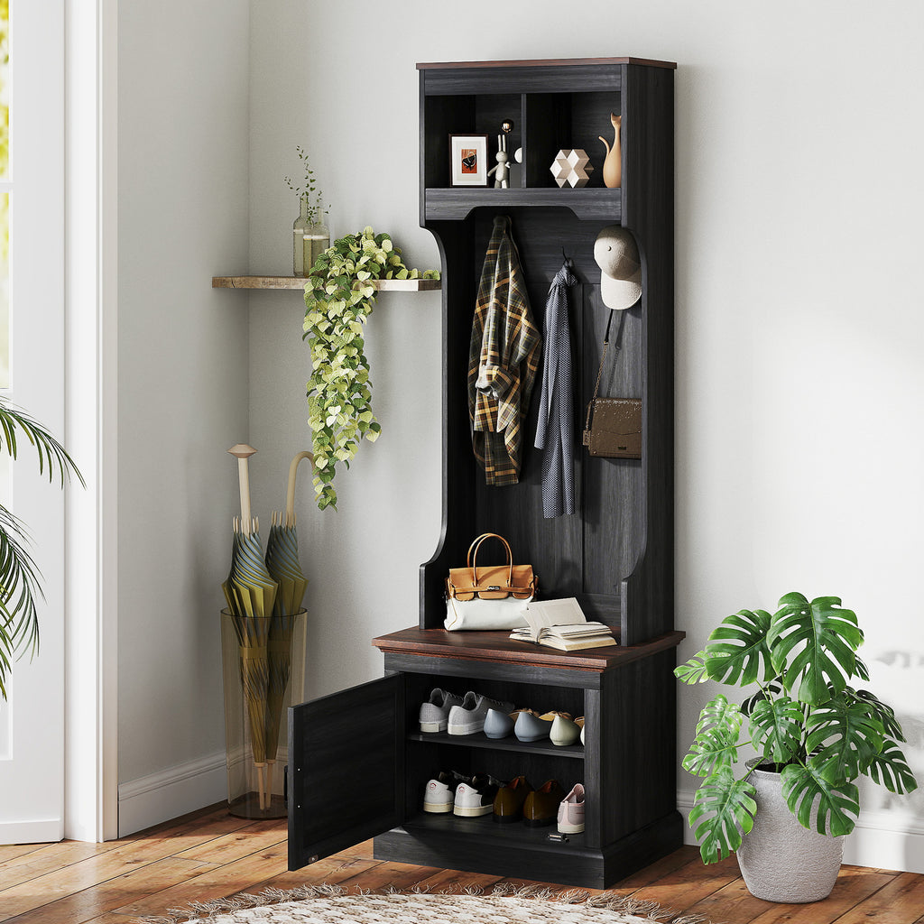 3-in-1 Hall Tree with Shoe Storage, Coat Rack with Bench, Entryway Furniture with Five Hooks, Black Wood Grain