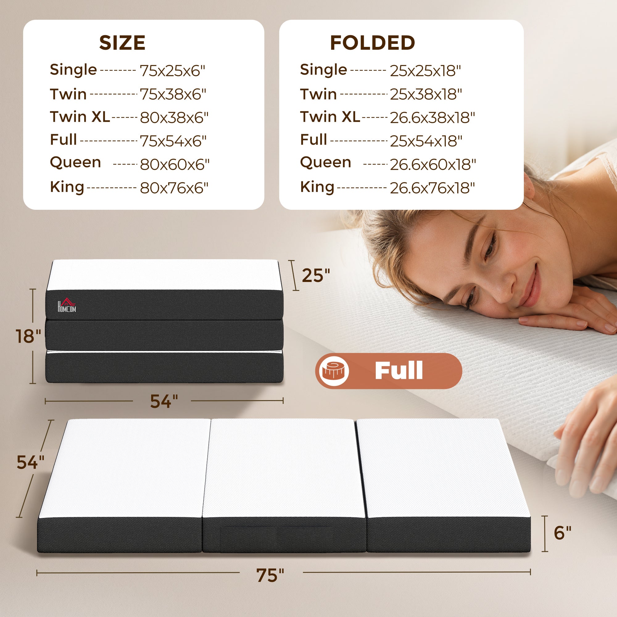 Trifold Mattress, 6 Inch Memory Foam Mattress for Guest, Camping, RV, Travel, Yoga, Made in USA, 75" x 54" x 6"