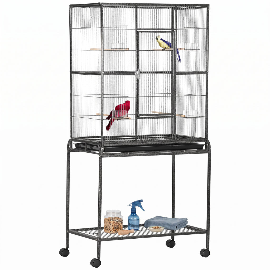 30" Rolling Metal Bird Cage Feeder with Detachable Rolling Stand, Storage Shelf, Wood Perch & Food Container