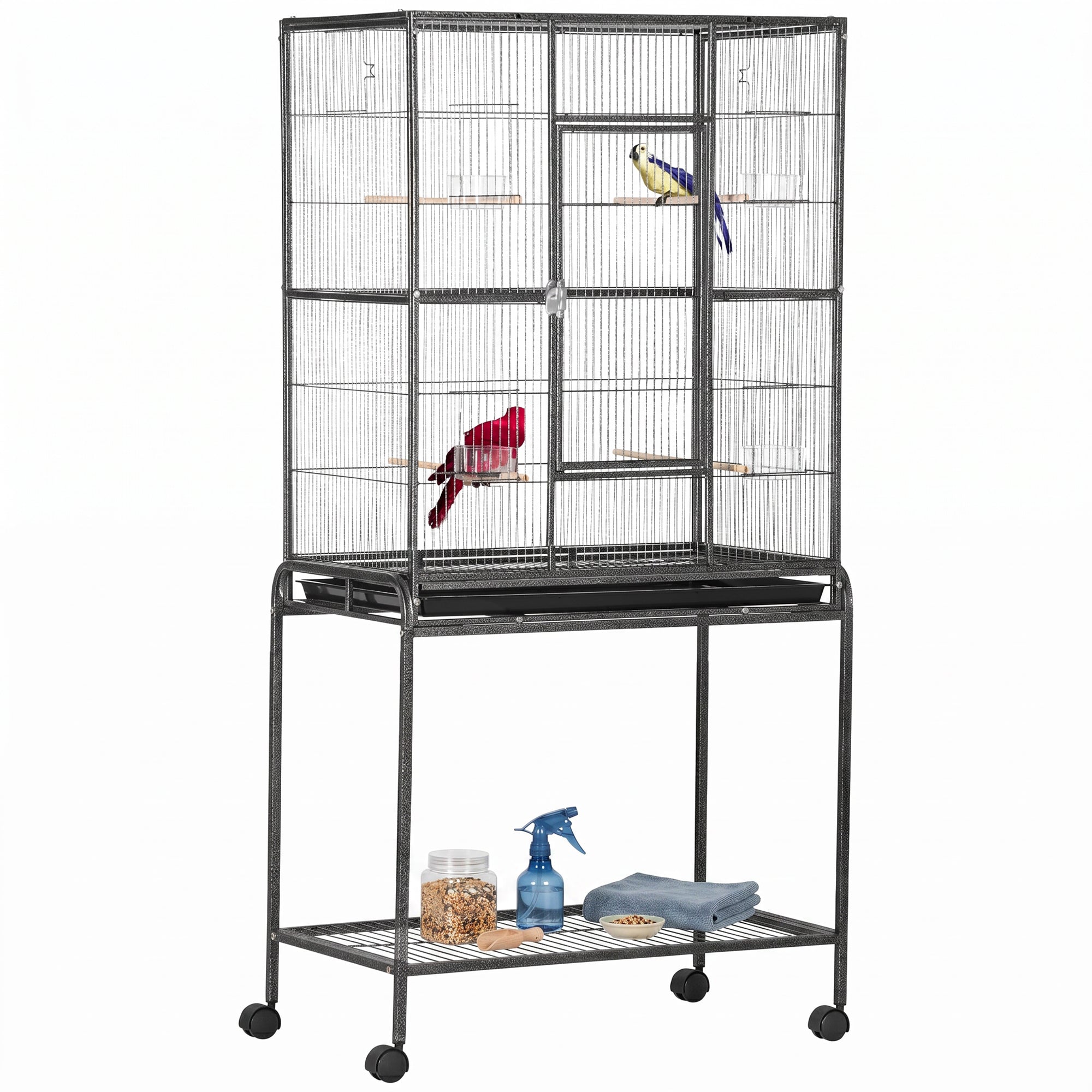 30" Rolling Metal Bird Cage Feeder with Detachable Rolling Stand, Storage Shelf, Wood Perch & Food Container