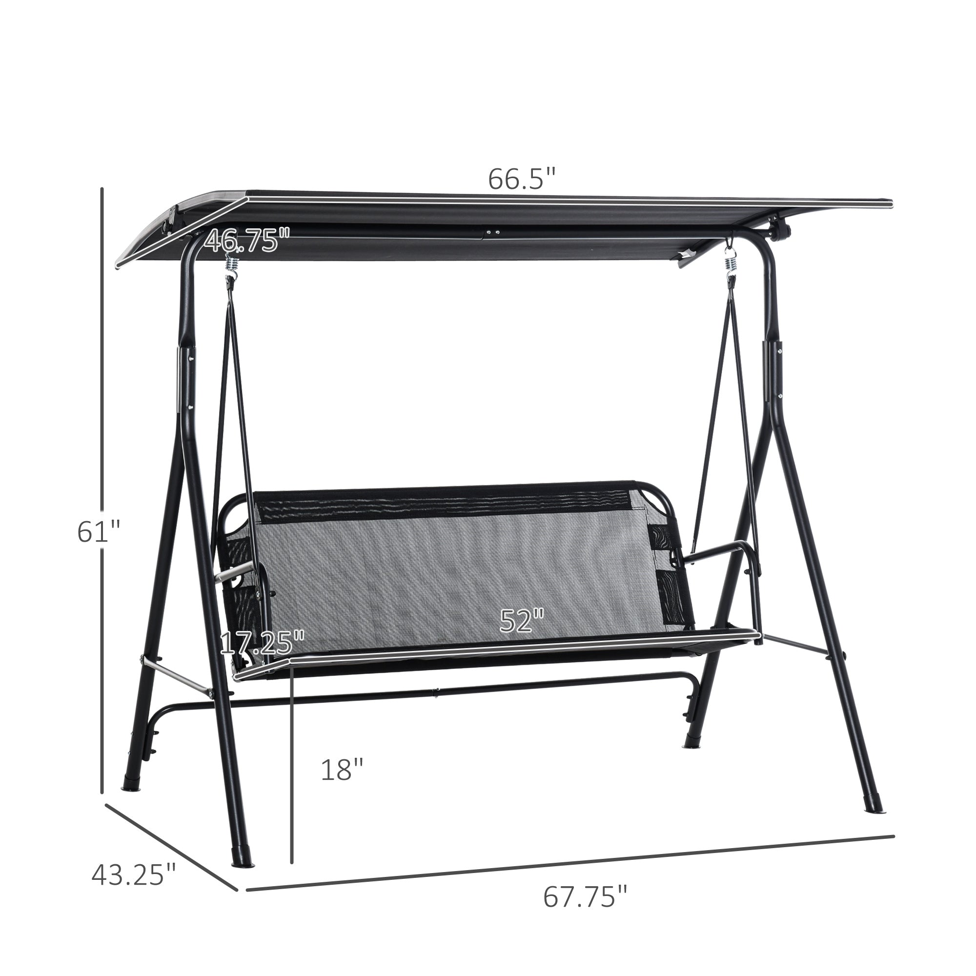 2-Seater Patio Swing Chair, Outdoor Adjustable Canopy Porch Swing with Armrests, Texeline Fabric and Steel Frame, Black