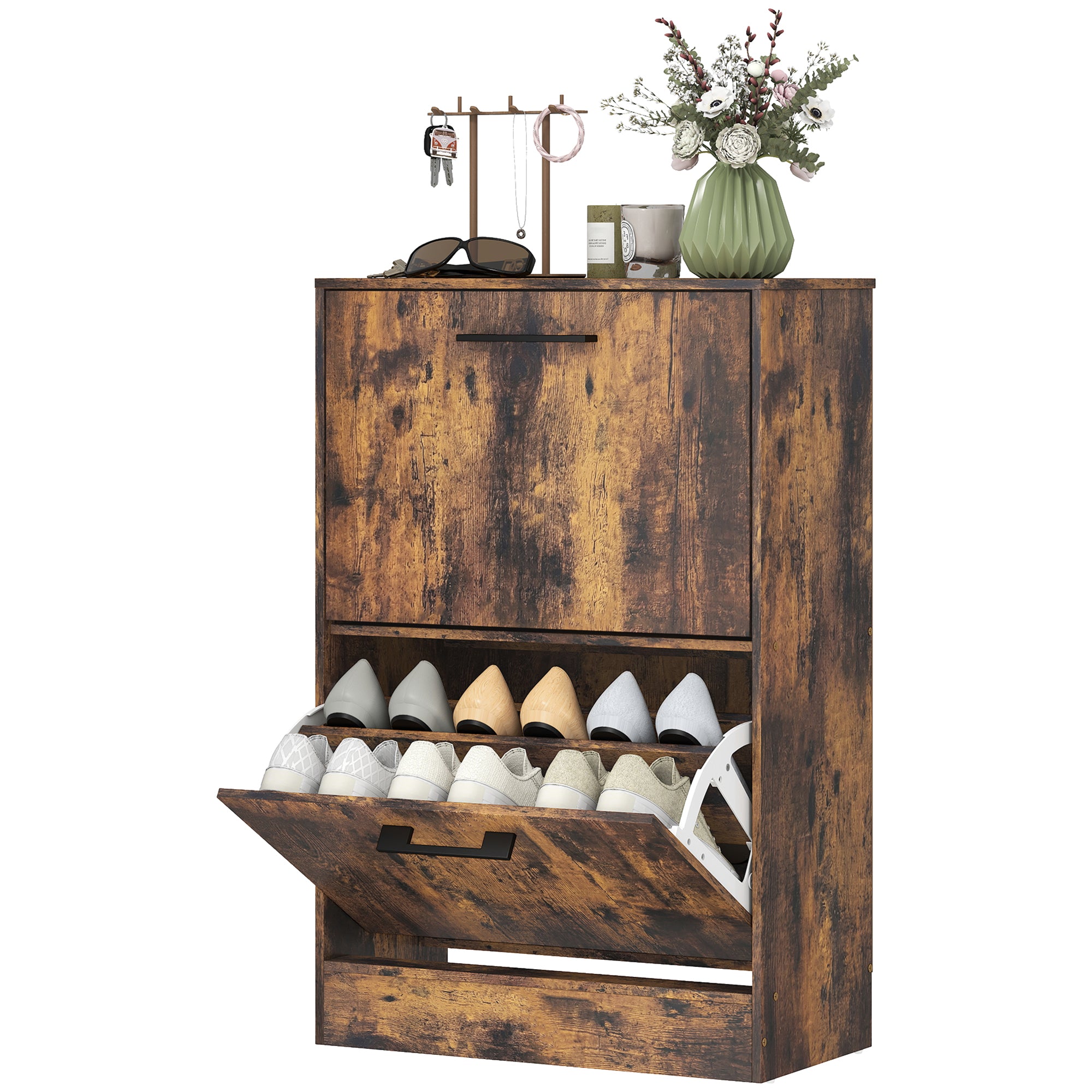 Shoe Cabinet 2 Flip Drawers Narrow Shoe Storage Unit Adjustable Dividers Entryway Hallway Rustic Brown